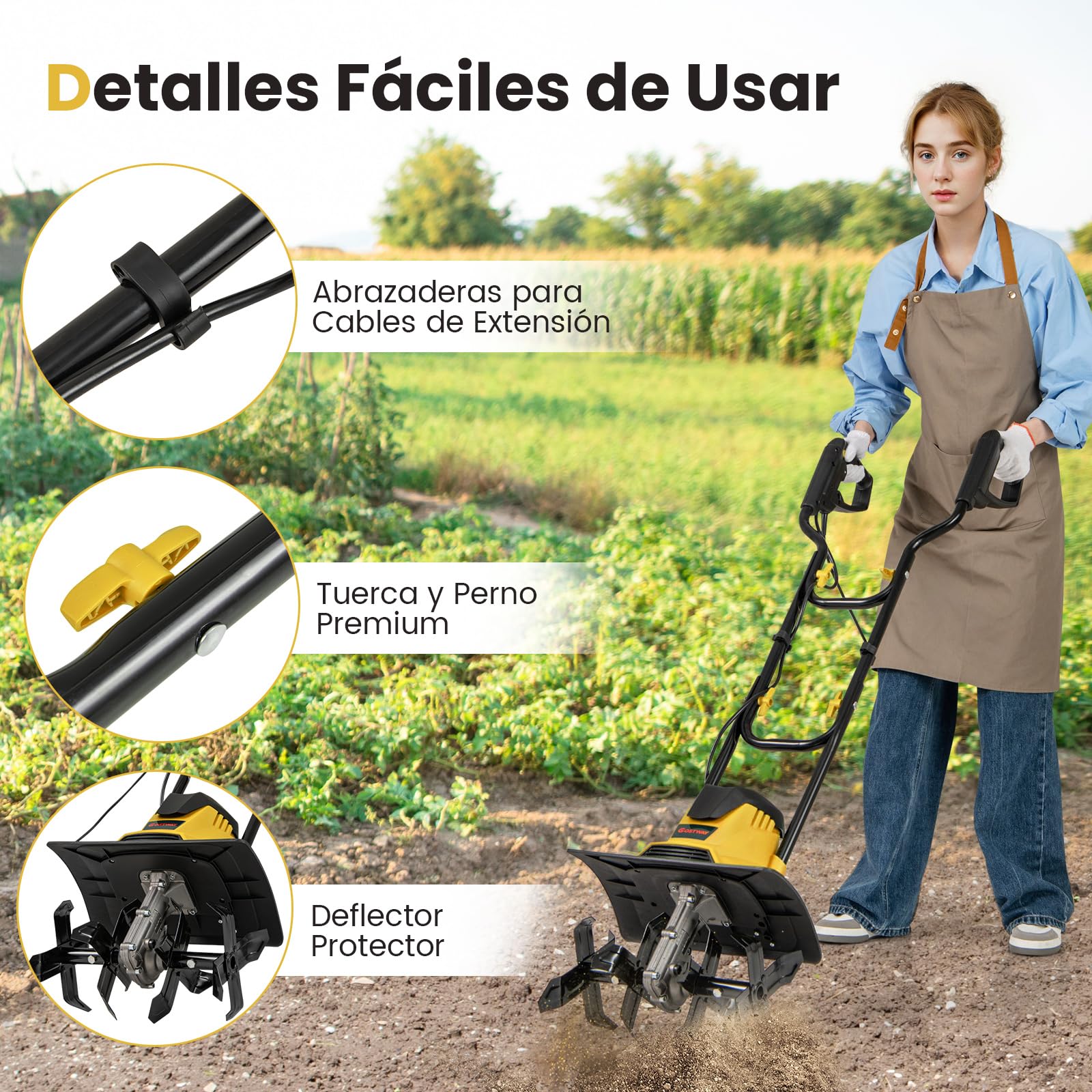 COSTWAY Motoazada Eléctrica, Rotocultivador Plegable Potente con Ancho de Labranza de 36cm y Profundidad de Trabajo de 22cm, Máquina de Jardinería para Excavar Suelo de Césped (Amarillo,1200W)