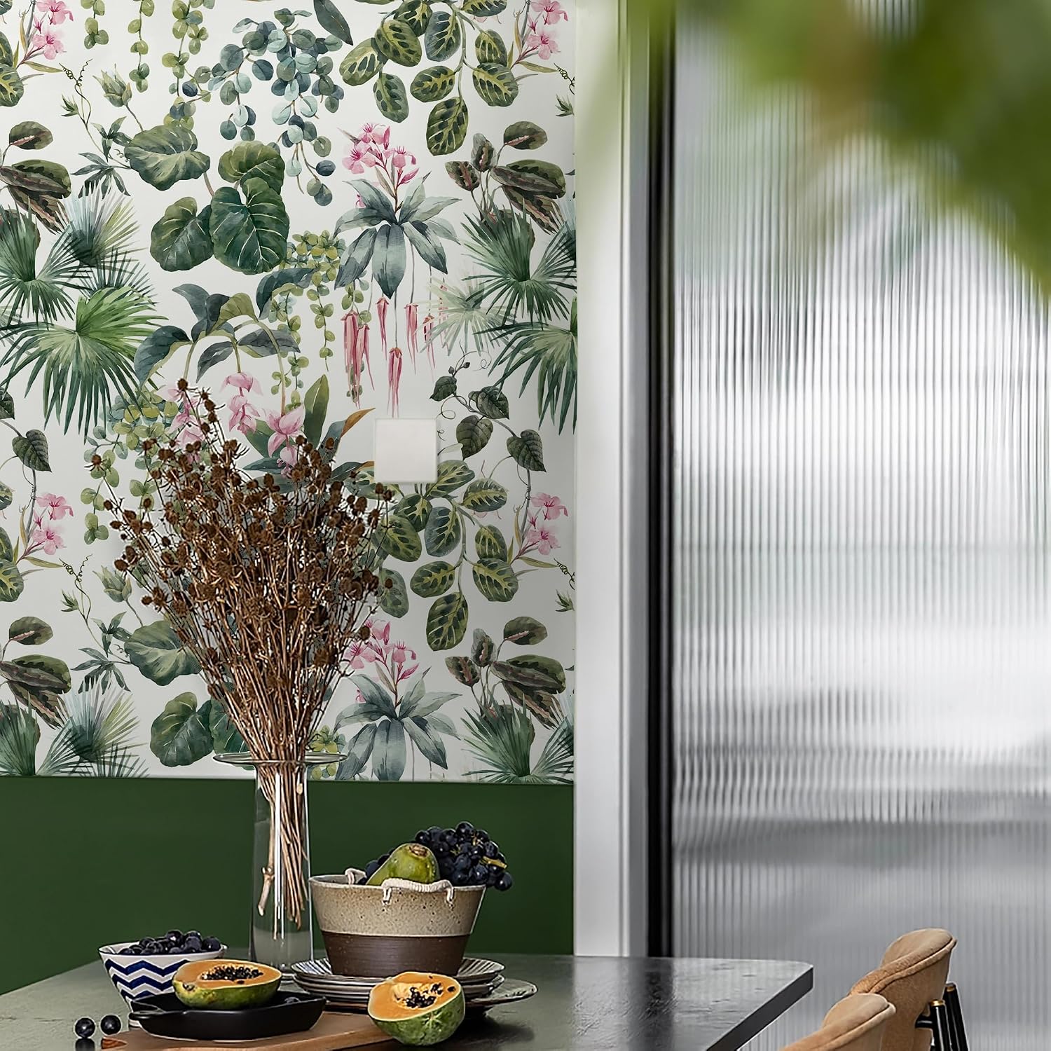 Ismoon Floral Peel and Stick Wallpaper - Jungle Leaf Peel and Stick Contact Paper, Removable White/Green/Pink Tropical Sticky Wallpaper Vinyl 16.1x118in