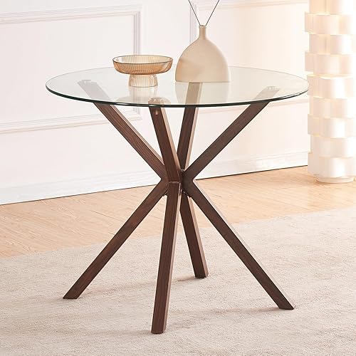 Mesa de comedor redonda para 4, mesa de cocina circular de vidrio de 34.64 pulgadas con patas de grano de madera, mesa de comedor moderna para disponible en Yaxa Colombia