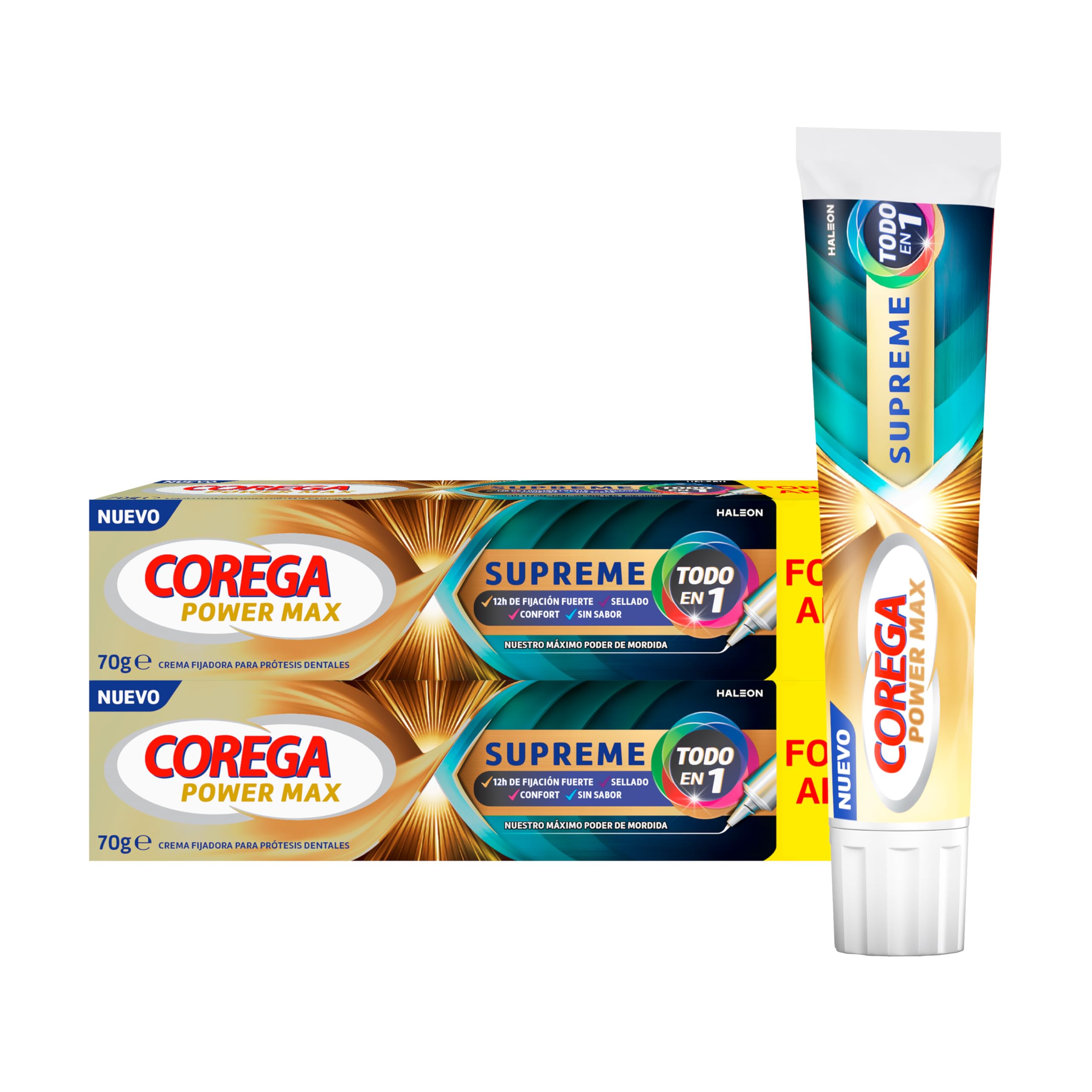 Corega Supreme Todo en 1, Crema Fijadora Para Prótesis Dentales, Con la Mejor Tecnología de Poder de Mordida de Corega, Fijación Fuerte, Sellado, Comodidad, Sin Sabor, Pack de 2 x 70 g