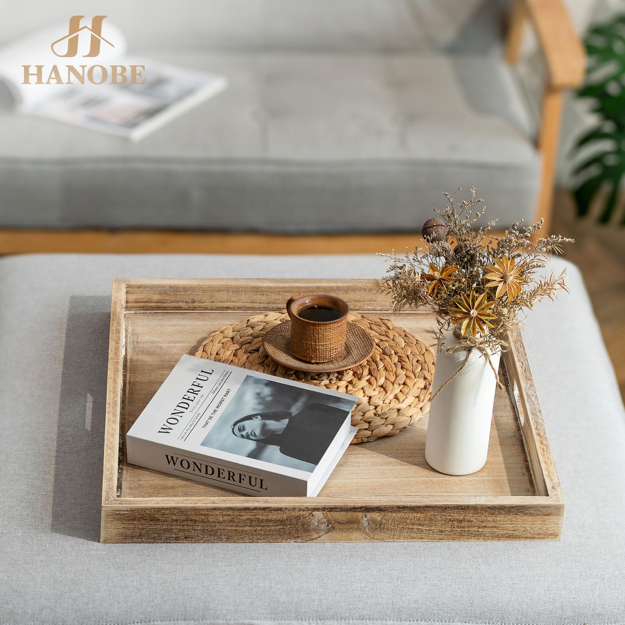Hanobe Bandeja otomana grande para servir: bandejas de madera para mesa de centro con asas de 20 pulgadas para sala de estar, decoración otomana rústica cuadrada extra grande de gran tamaño para | Decoración cuadrada grande rústica de gran tamaño para sal
