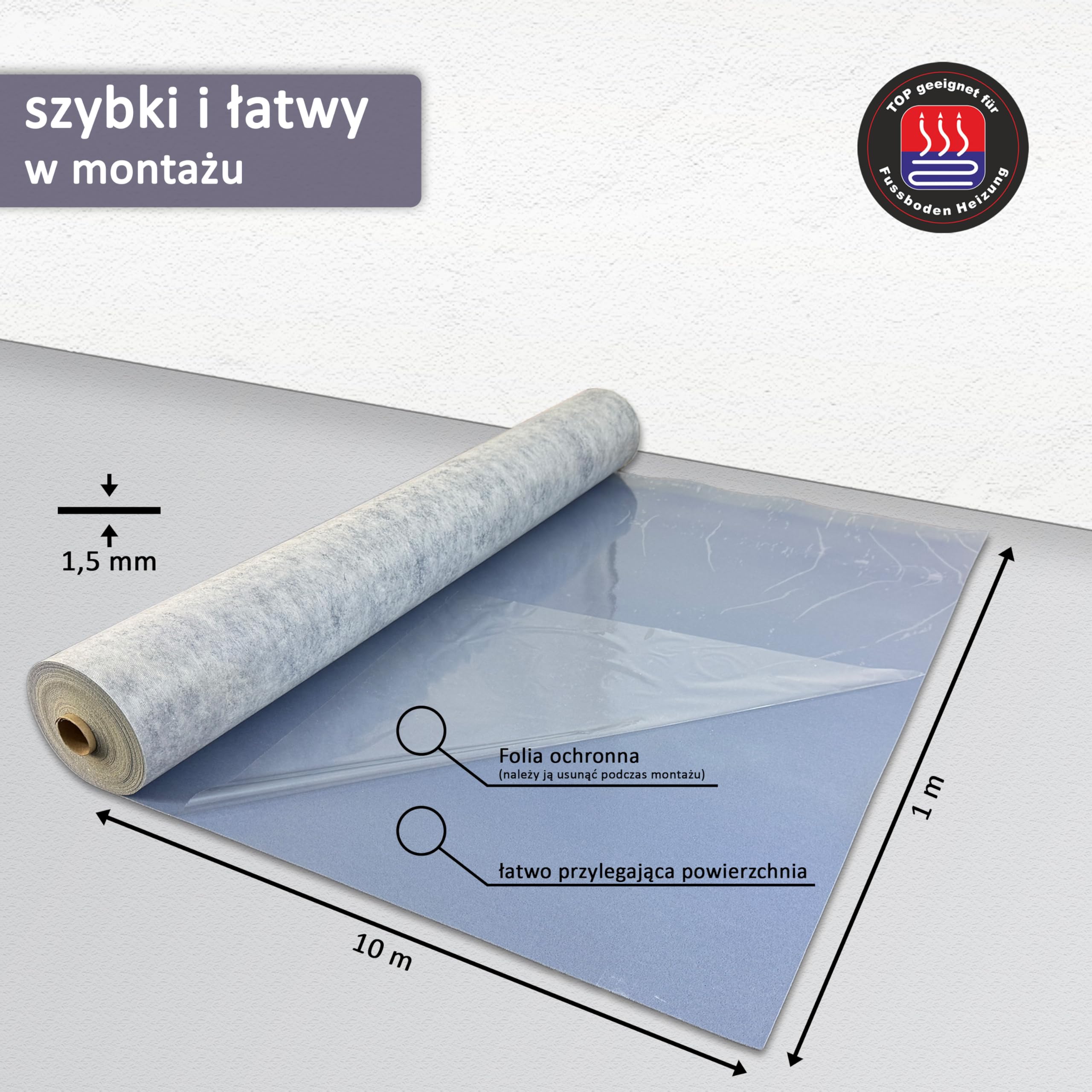 Podkładka winylowa "uficell Vinosound FIX0" — grubość: 1,5 mm — gęstość: 500 kg/m³ — samoprzylepna izolacja akustyczna do podłogi winylowej LVT 4-5 mm bez płyty nośnej HDF (50 m²)