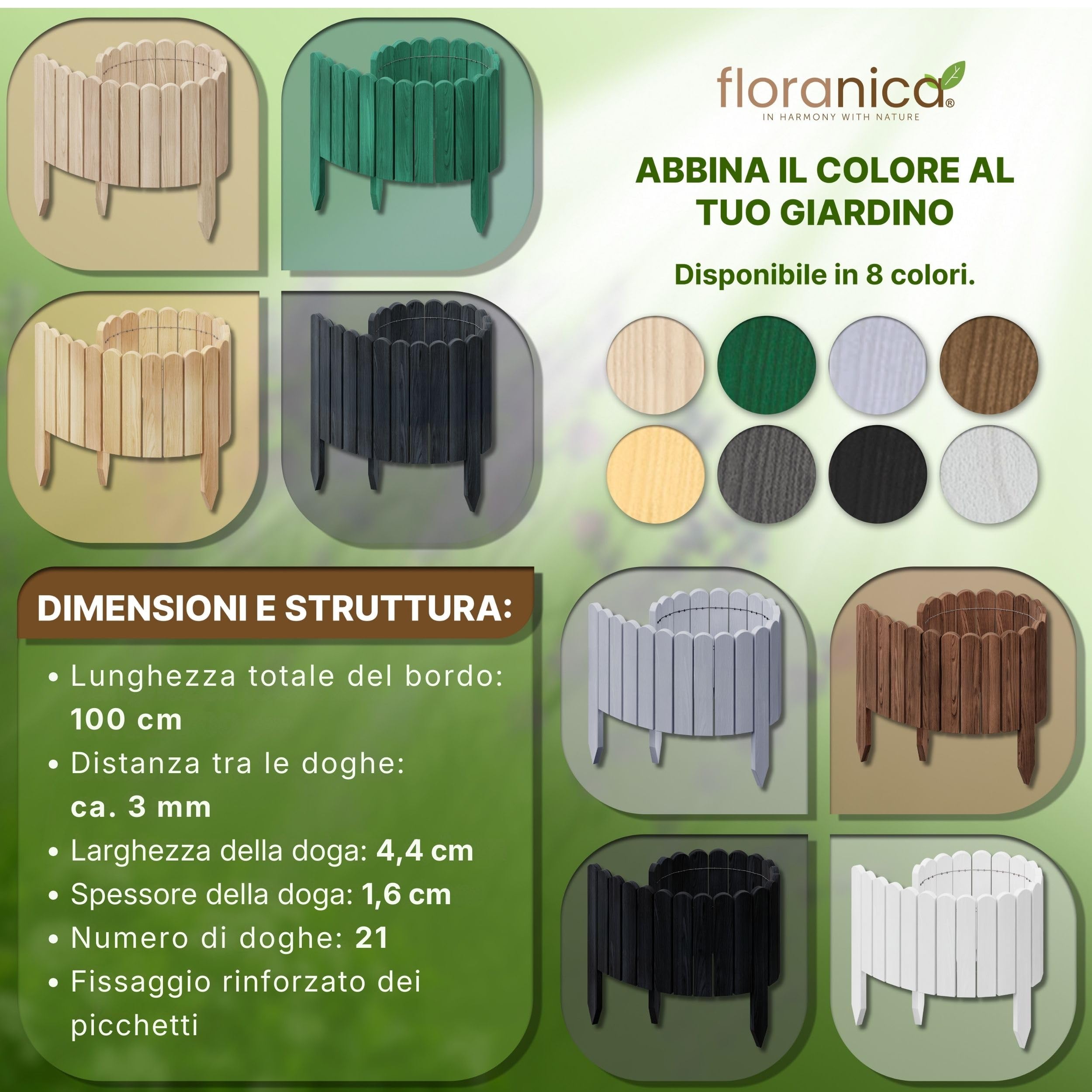 Floranica Bordura per prato 40 x 100 cm Grigio scuro Bordura per aiuole flessibile Staccionata in legno da piantare per prato