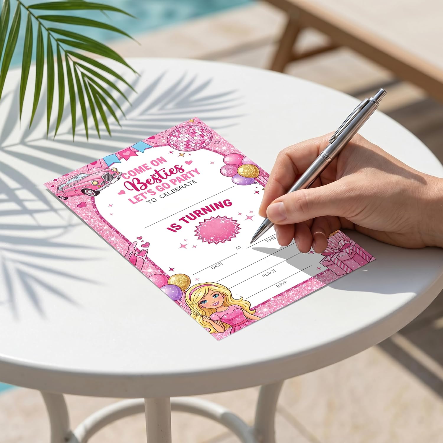 Pink Doll Birthday Invitation Girl, Pink Glitter Double-Sided Fill In Style Invites with Envelopes for Birthday, Let's Go Party Invitation For Girls, Teens, Bday Party Favor & Decoration