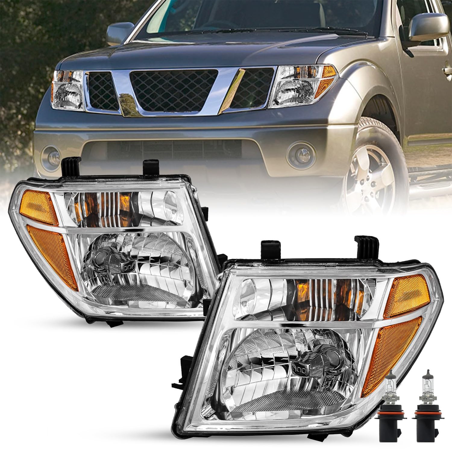 SOCKIR Headlight Assembly Fit for 2005-2008 Nissan Frontier / 2005-2007 Pathfinder Halogen Chrome Headlamp Pair Driver and Passenger Side Bulbs Included