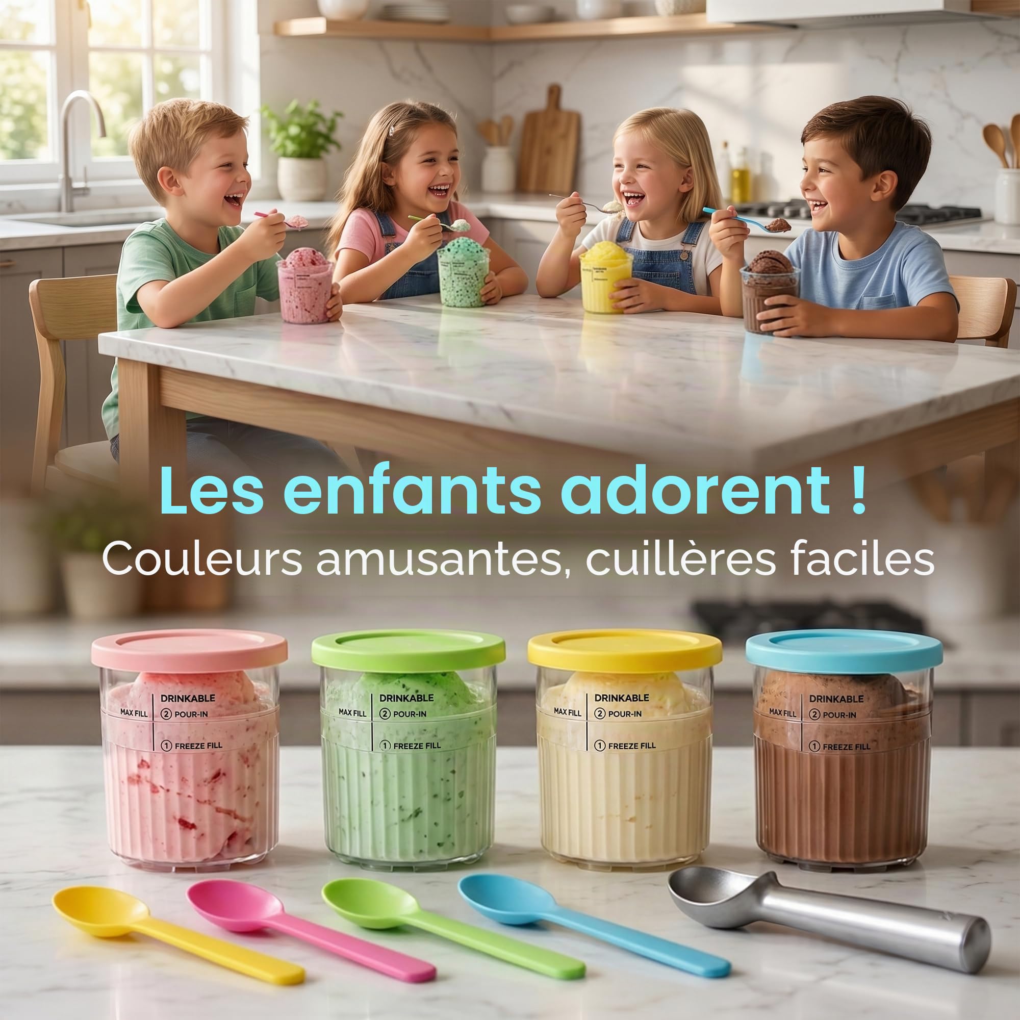 Set de 4 récipients pour Ninja CREAMi Deluxe, pintes de crème glacée de 24oz avec couvercles colorés, incluant 4 mini-cuillères et cuillère à glace en acier inoxydable, accessoire sans BPA et lavable