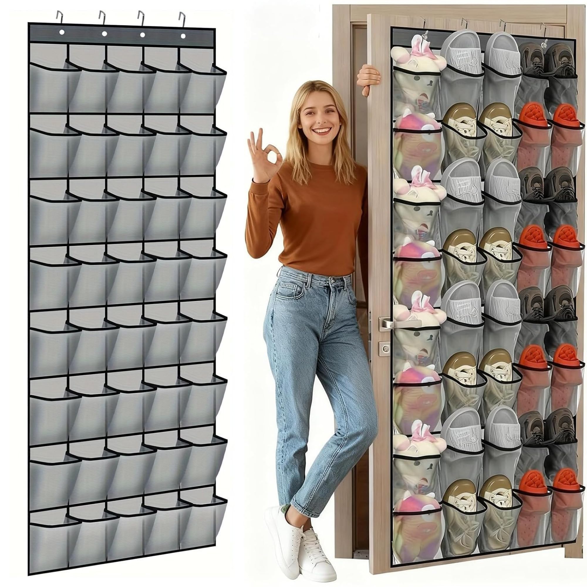 YueXing Large Over-The-Door Shoe Organizer with 40 Pockets, Mesh Storage Rack for Shoes and Accessories, Space-Saving for Wardrobe, Hallway, and Dorm Rooms (Grey)