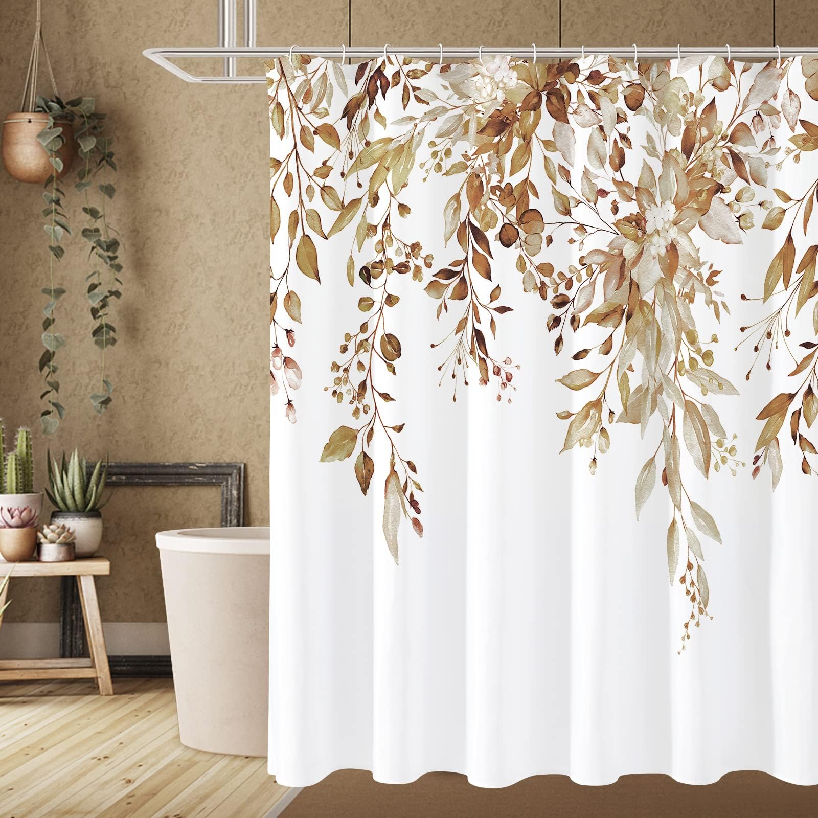 Nulpen Brown Eucalyptus Shower Curtains, Watercolor Plant Leaves With Floral Bathroom Curtain Bathtub Decor Bath Screen(135X187cm/Wxh/Brown)