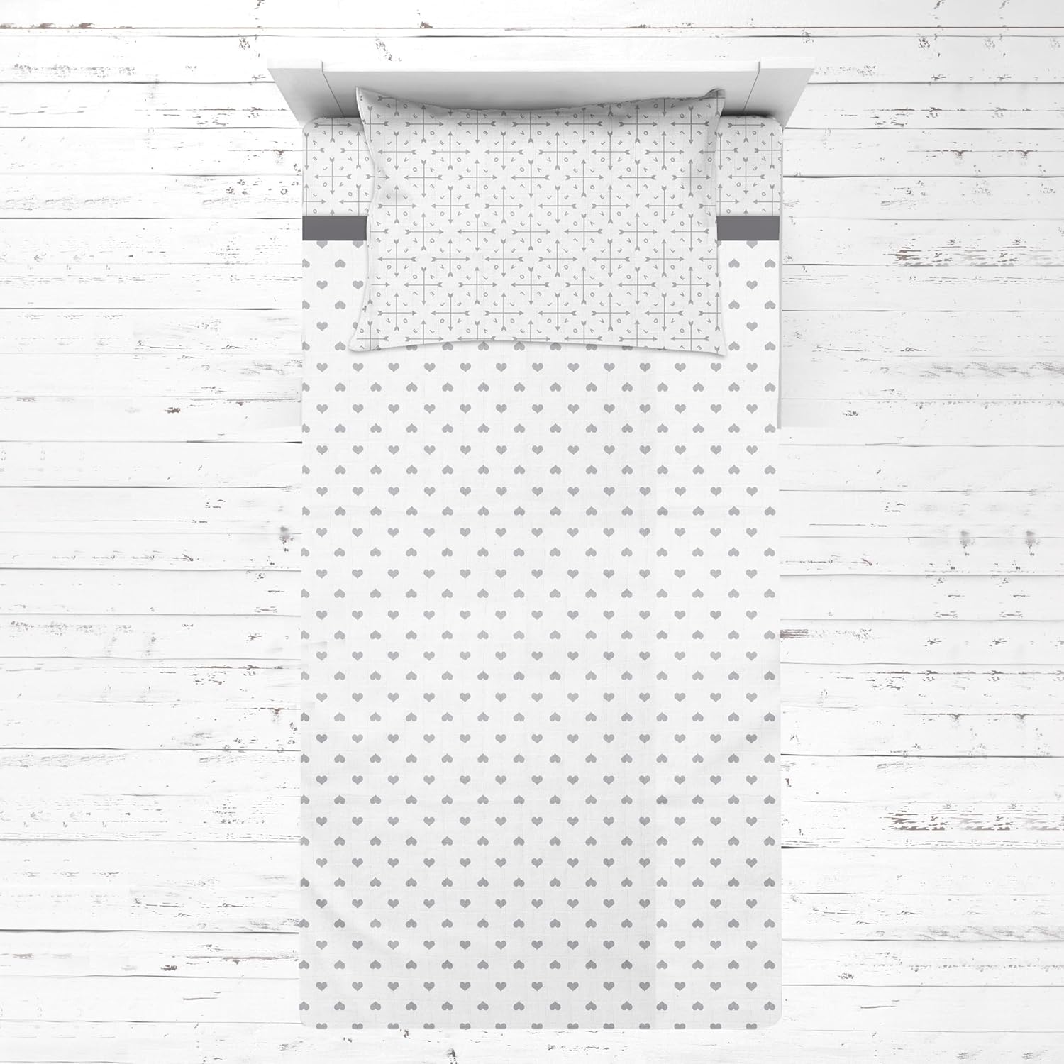 Bacati - Aztec/Love 3 Piece Toddler Bed Sheet Set Includes Fitted Sheet, Top Sheet, and Pillow Case (3 pc Toddler Bed Sheet Set, Grey Hearts)