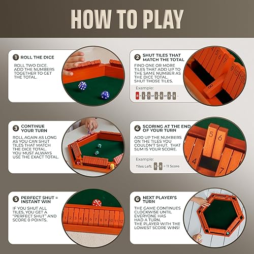 Miniatura 5 de Shut The Box Game Tablero de madera para 1-6 jugadores, juego Shut The Box de 16 pulgadas, 12 números para adultos y niños, ideal para noches de