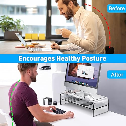 Miniatura 7 de AboveTEK Soporte de monitor acrílico de 2 niveles, elevador de computadora para oficina en casa, elevador de monitor transparente para