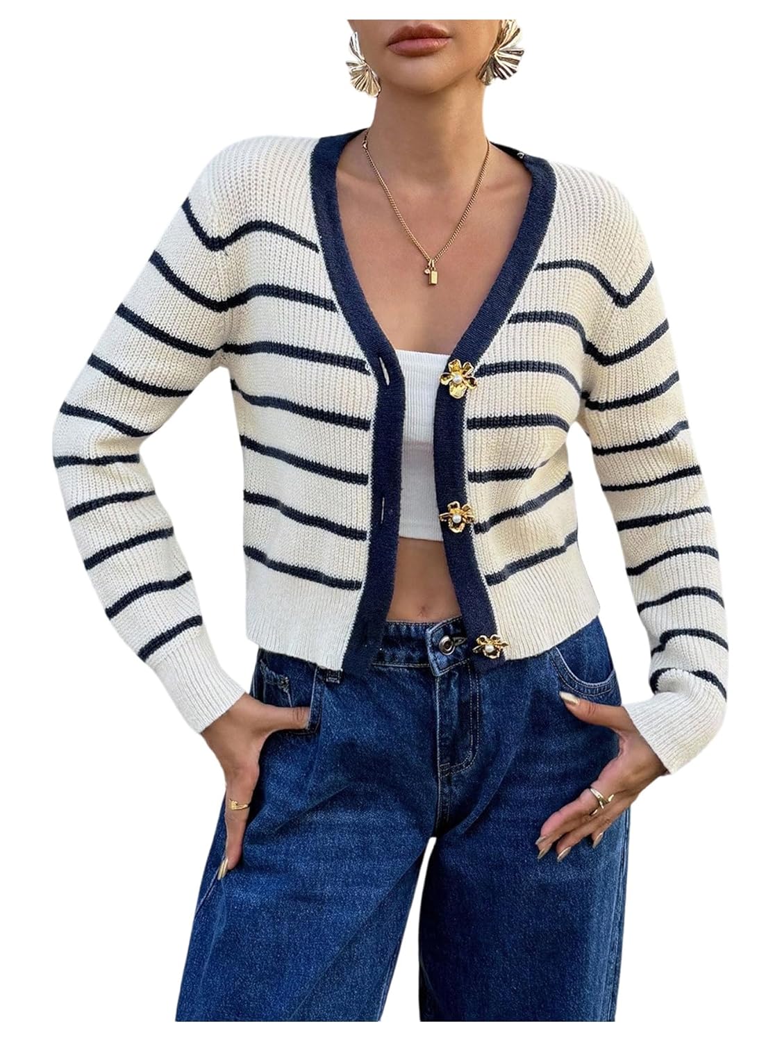 Milumia Womens Striped Button Up Cardigan Sweater Metal Decor Long Sleeve Rib Knit Fitted Crop Tops