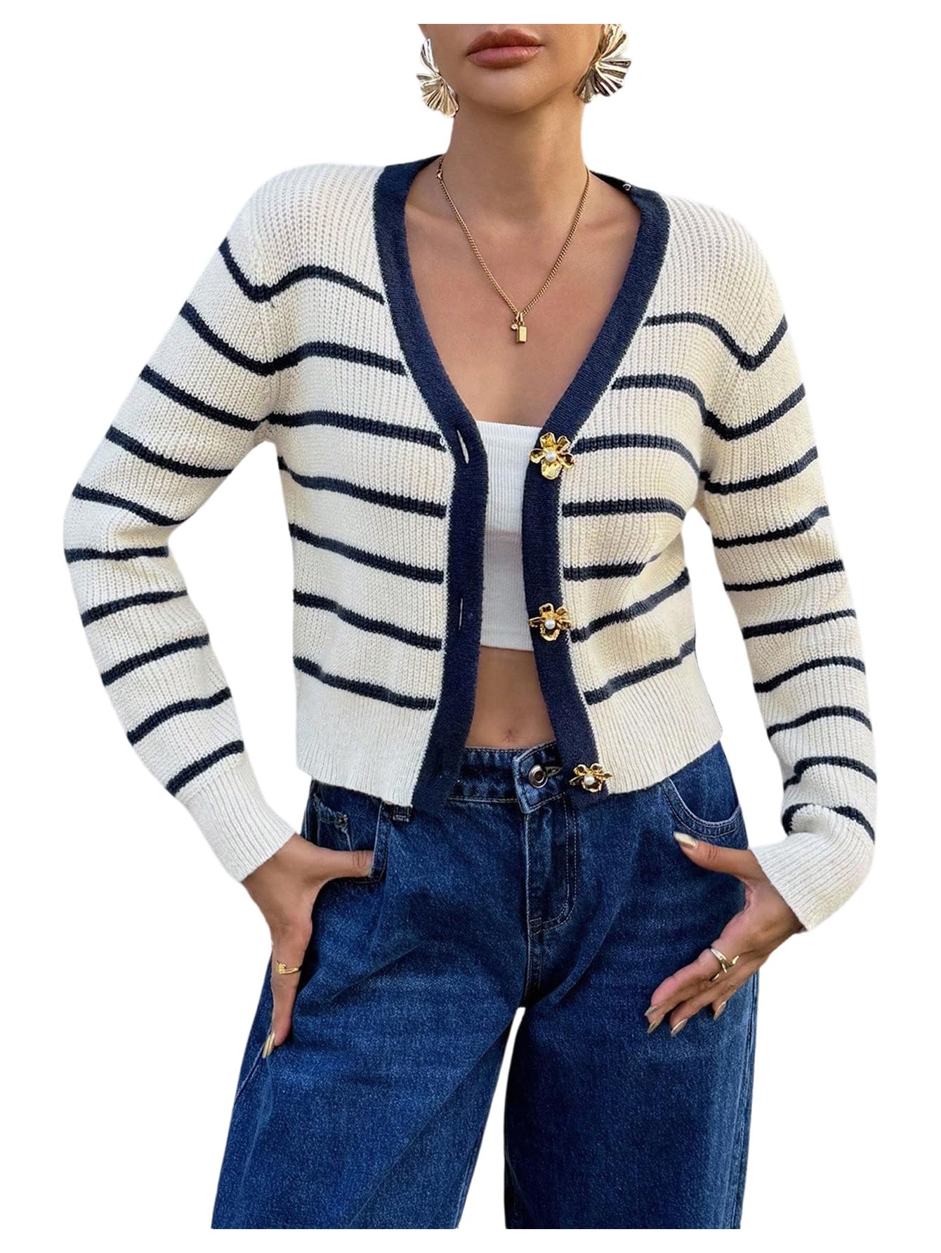 Milumia Womens Striped Button Up Cardigan Sweater Metal Decor Long Sleeve Rib Knit Fitted Crop Tops