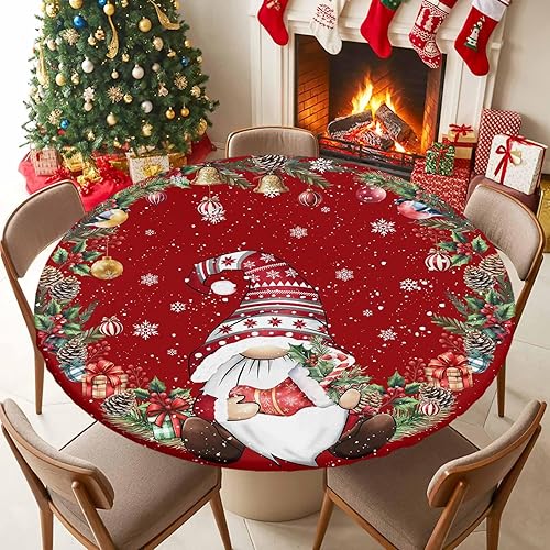 Vista 36 de Mantel redondo ajustable de Navidad para mesa redonda, mantel rojo floral de Navidad, mantel impermeable con borde elástico, mantel circular rojo