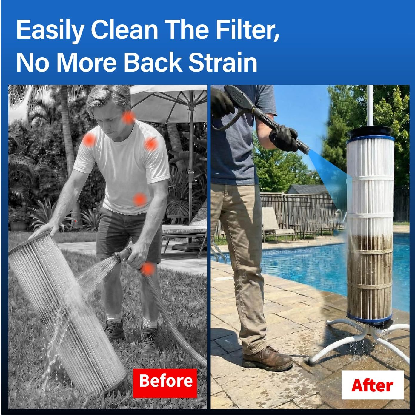 Vertical Pool Filter Cleaner Stand Tool - Boosts Cleaning Speed, Universal Fit 3", 4", 6" Filter Cartridges