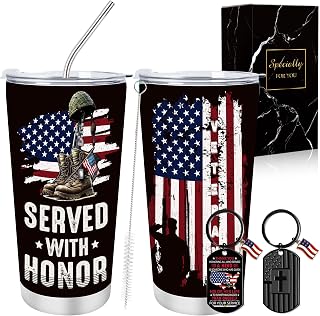 Keluna 2Pcs Veterans Day Gifts, 20Oz Tumbler with Lid Straw, USA Flag Keychain, Veterans Thank You Appreciation Gifts, American Army Military Patriotic Christmas Retirement Memorial's Day Present