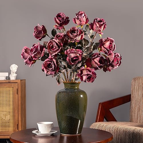Miniatura 7 de Flores artificiales de otoño, rosas artificiales de 23.2 pulgadas, rosas artificiales de tallo largo para jarrón alto, rosa de seda, adecuadas para