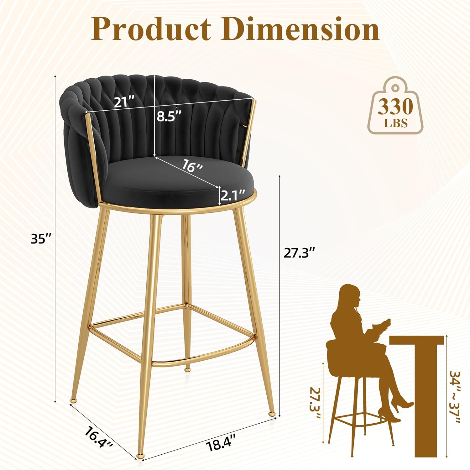 Counter Height Stools Set of 2, Velvet Bar Stools with 27 Inches Upholstered Seat Height, Handmade Woven Back Armrest, Sturdy Golden Metal Legs for Home Dining Pub Kitchen Island, Black
