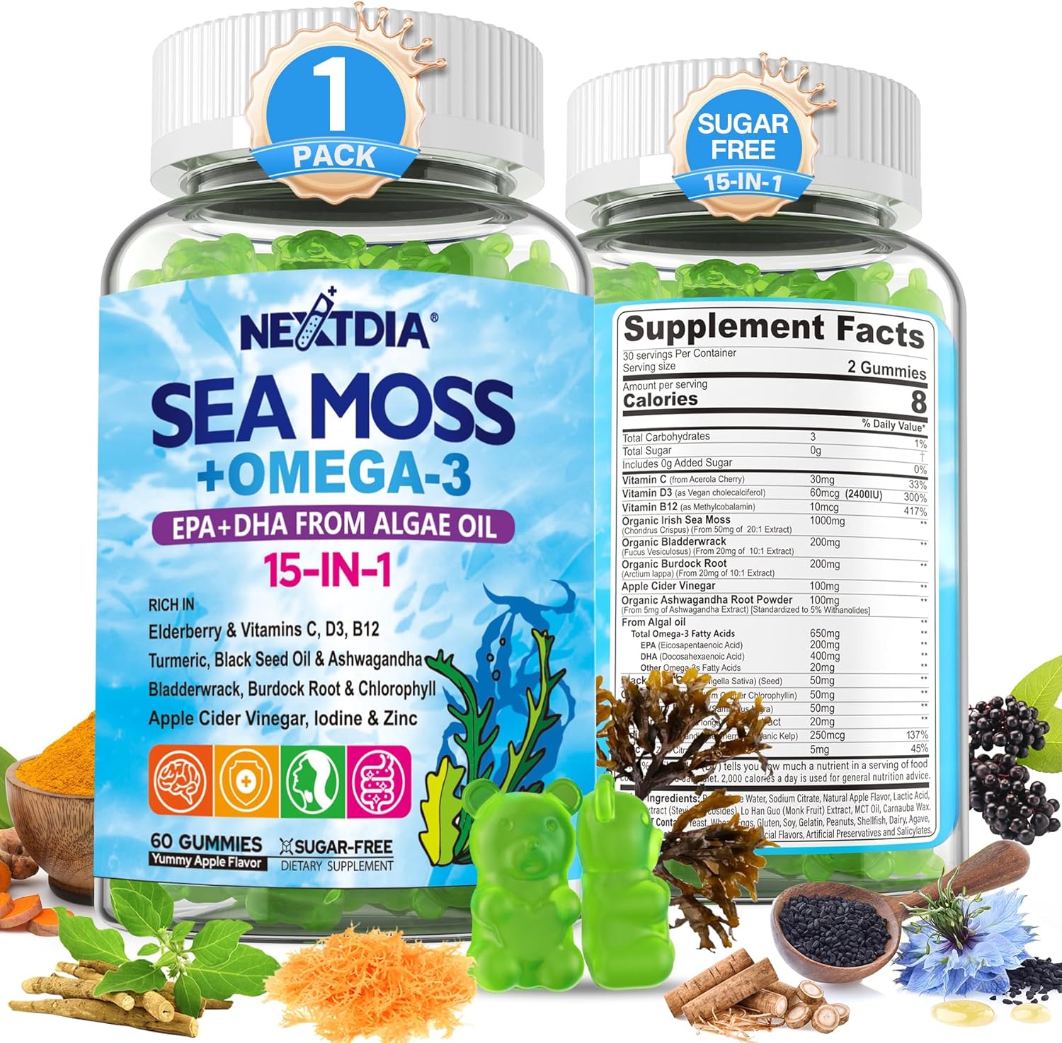 Sea Moss Gummies + Algae Omega-3 Supplement for Men Women, Organic Irish Seamoss Superfood w/Black Seed Oil, Ashwagandha, Burdock Root, Bladderwrack, B12 for Energy, Brain, Immunity, Sugar Free 60Cts