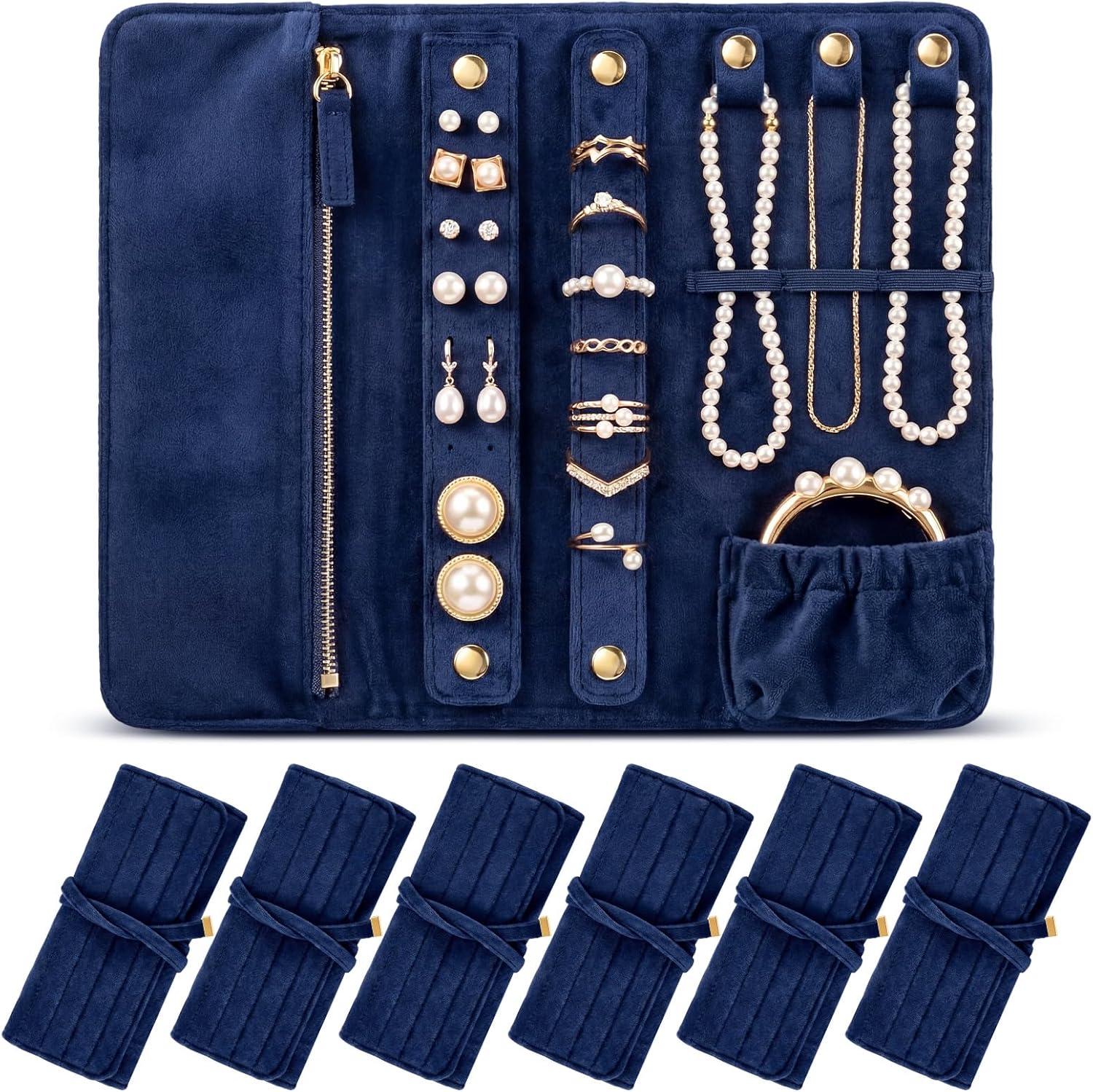 Tondiamo 6 Pcs Velvet Jewelry Roll Luxury Travel Jewelry Case for Ring Necklace Earring Bracelet Storage Bag Women Bridesmaid Gift (Navy Blue)