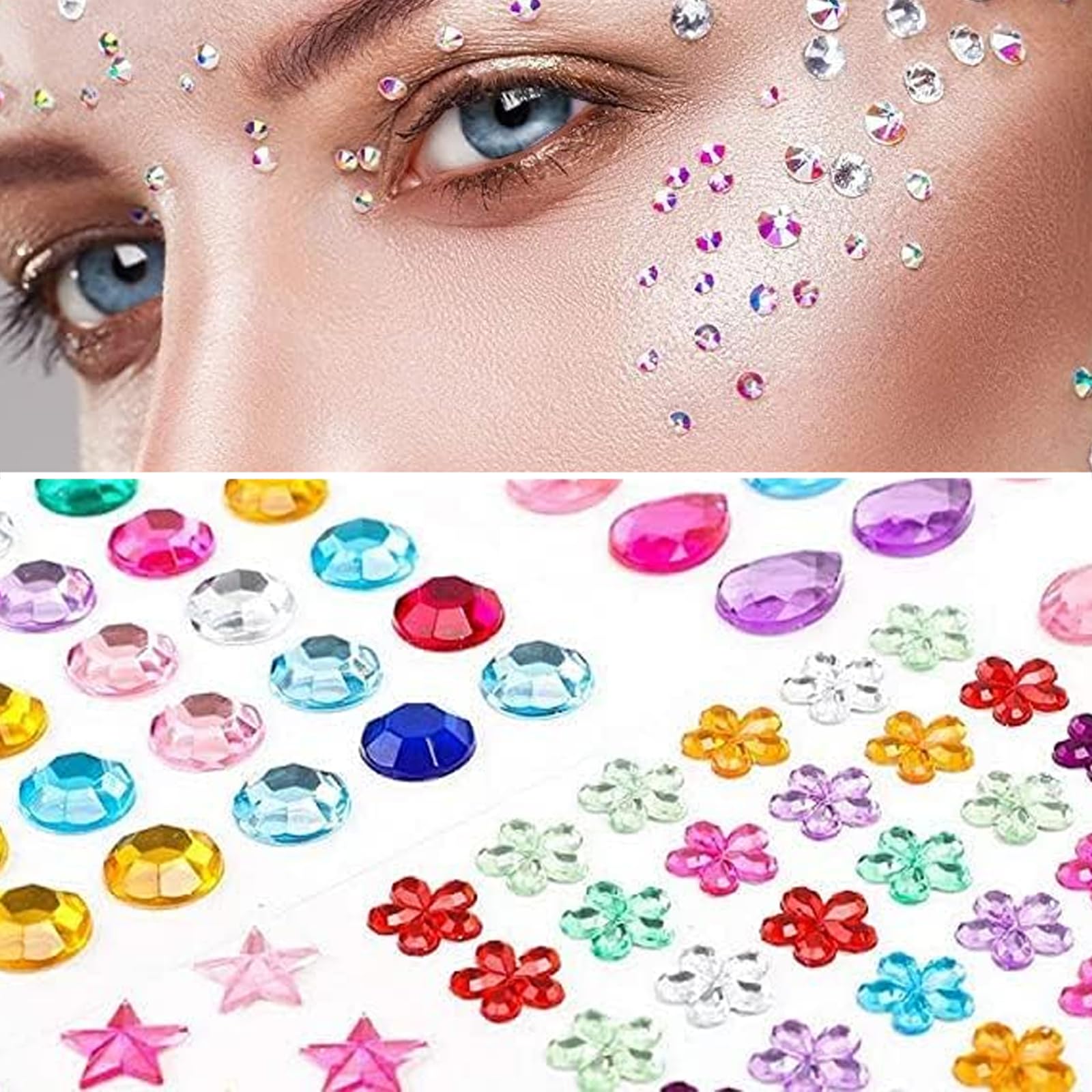 Kuou 14 Sheets 1200 Pcs Self-Adhesive Rhinestone Stickers, Assorted Shaped Crystal Gem Stickers, Multicolored Gemstones for Kids Crafts Scrapbooking Nail Body Makeup