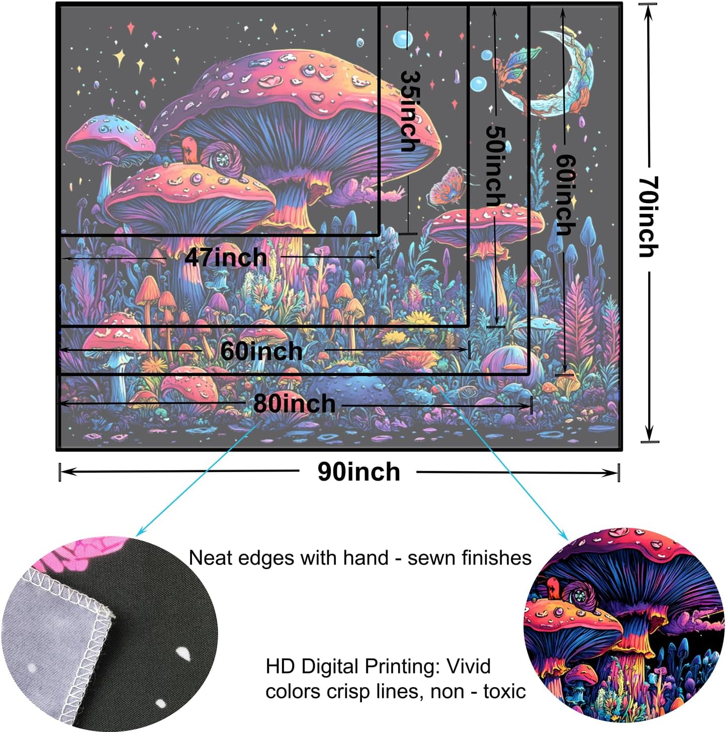 TUGCAY Blacklight Mushroom Tapestry Fantasy Forest Moon Butterfly Plant Snail Tapestry UV Reactive Aesthetic Wall Hanging Tapestries for Bedroom Dorm Living Room Classroom Decor 90 x 70 Inches