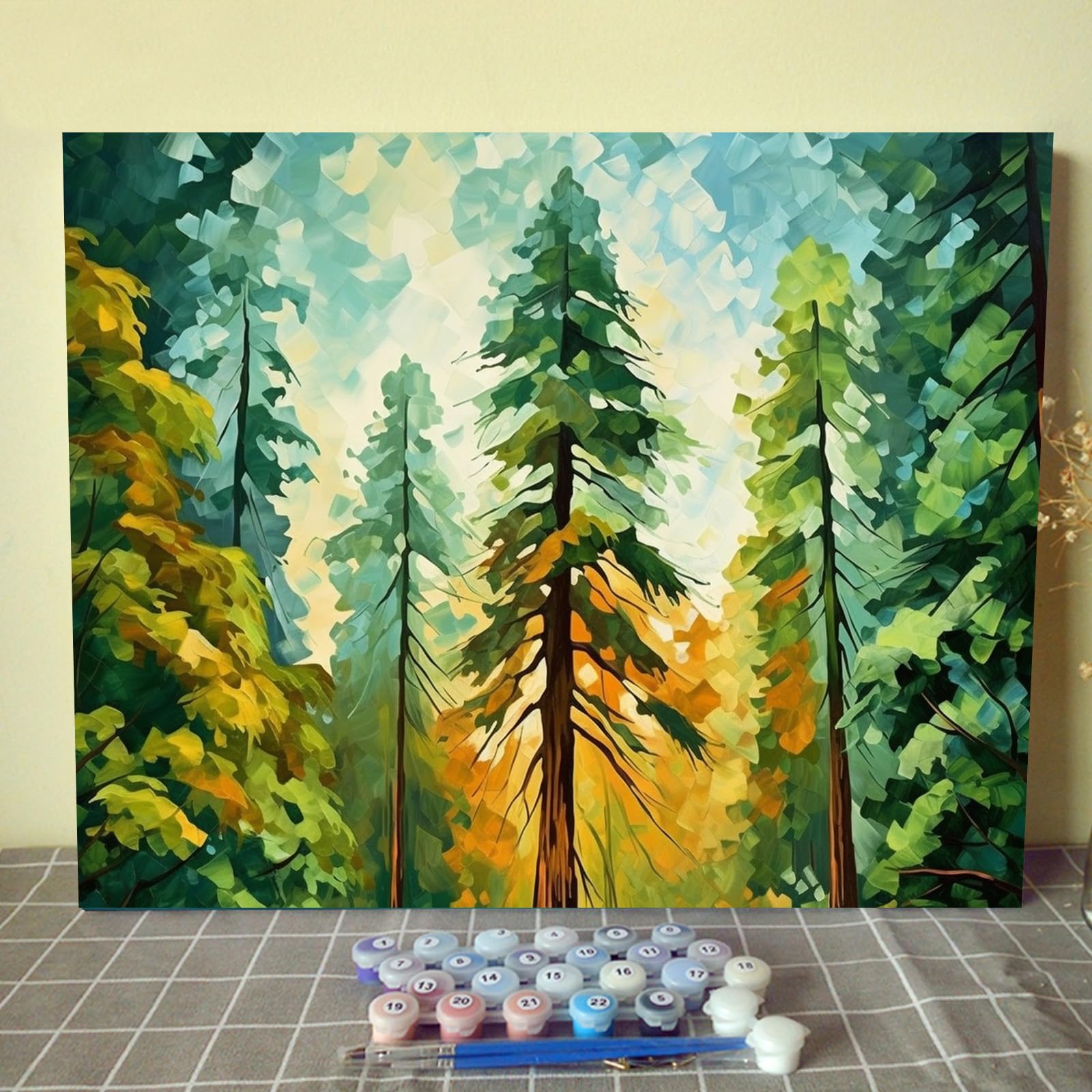 Tucocoo Forest Redwoods Paint by Numbers Kits with Brushes and Acrylic Pigment on Canvas Painting for Adults, Light Green Style Landscape Trees Pictures for Home Decor Gifts 16''x20'' (DIY Framed)