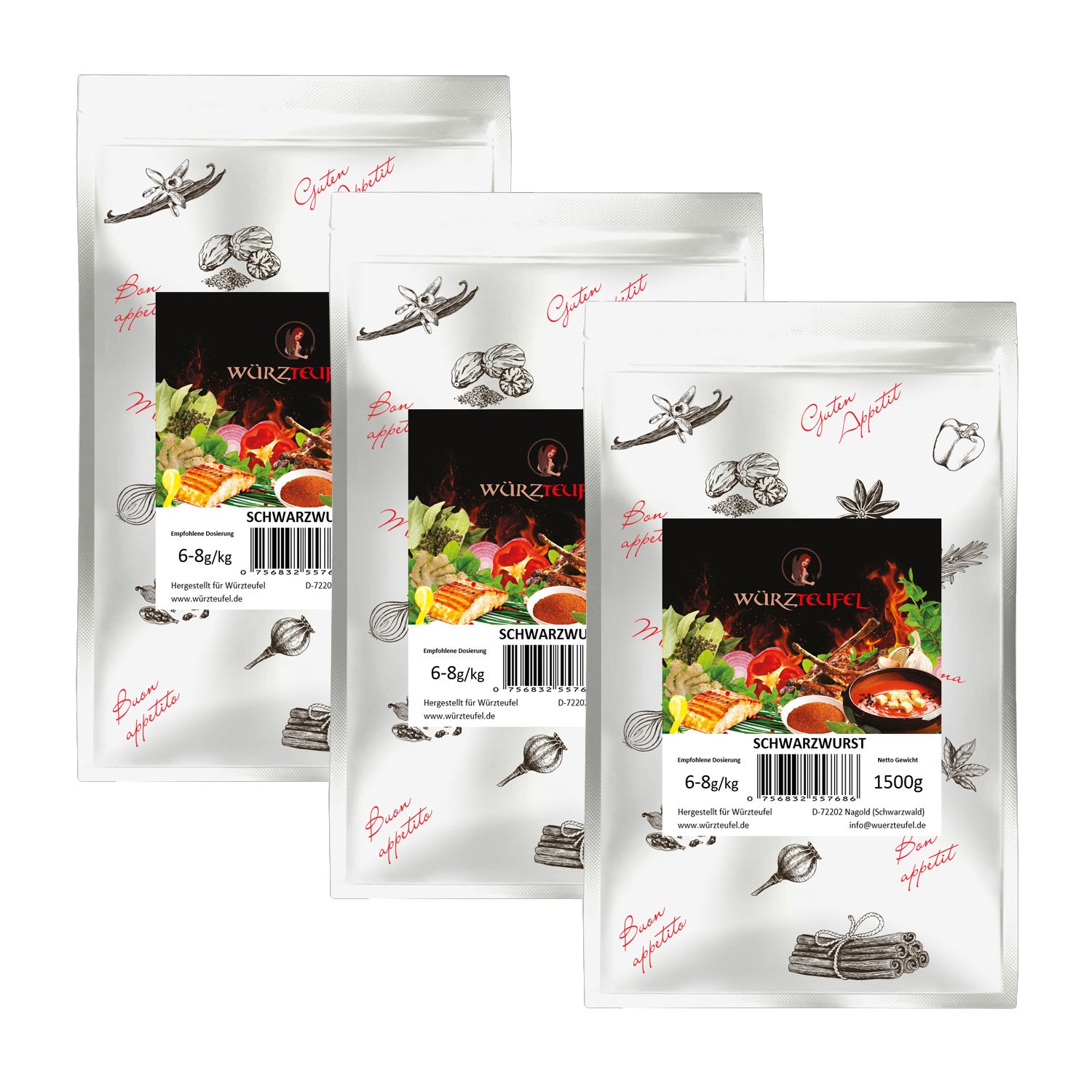 Schwarzwurst - Gewürz, original Scharzwälder Blutwurst - Gewürz ohne Zusatzstoffe. 3 Beutel je 1500g. (4,5 KG)