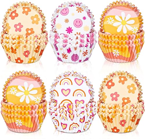 Whaline 600 piezas de forros para cupcakes estilo bohemio retro Groovy Party Cupcake Wrappers Rainbow Daisy Flower papel tazas para hornear forros