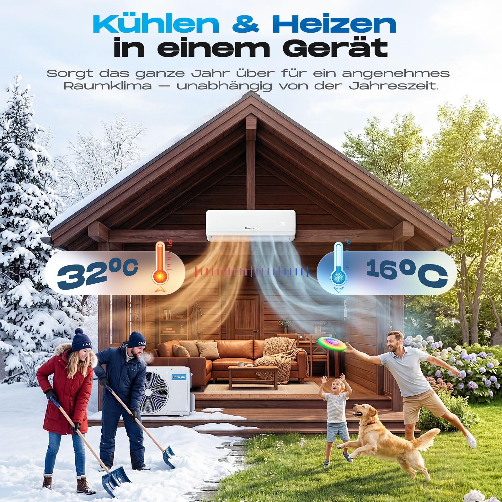 Split Klimaanlage 12000 BTU，4-in-1-Kältegerät mit Heizen, Kühlen, Entfeuchten und Lüften, bis70 m², ultraleise, Fernbedienung & APP, 24h-Timer/Schlaf/ECO-Energiesparmodus, inkl. Montagematerial