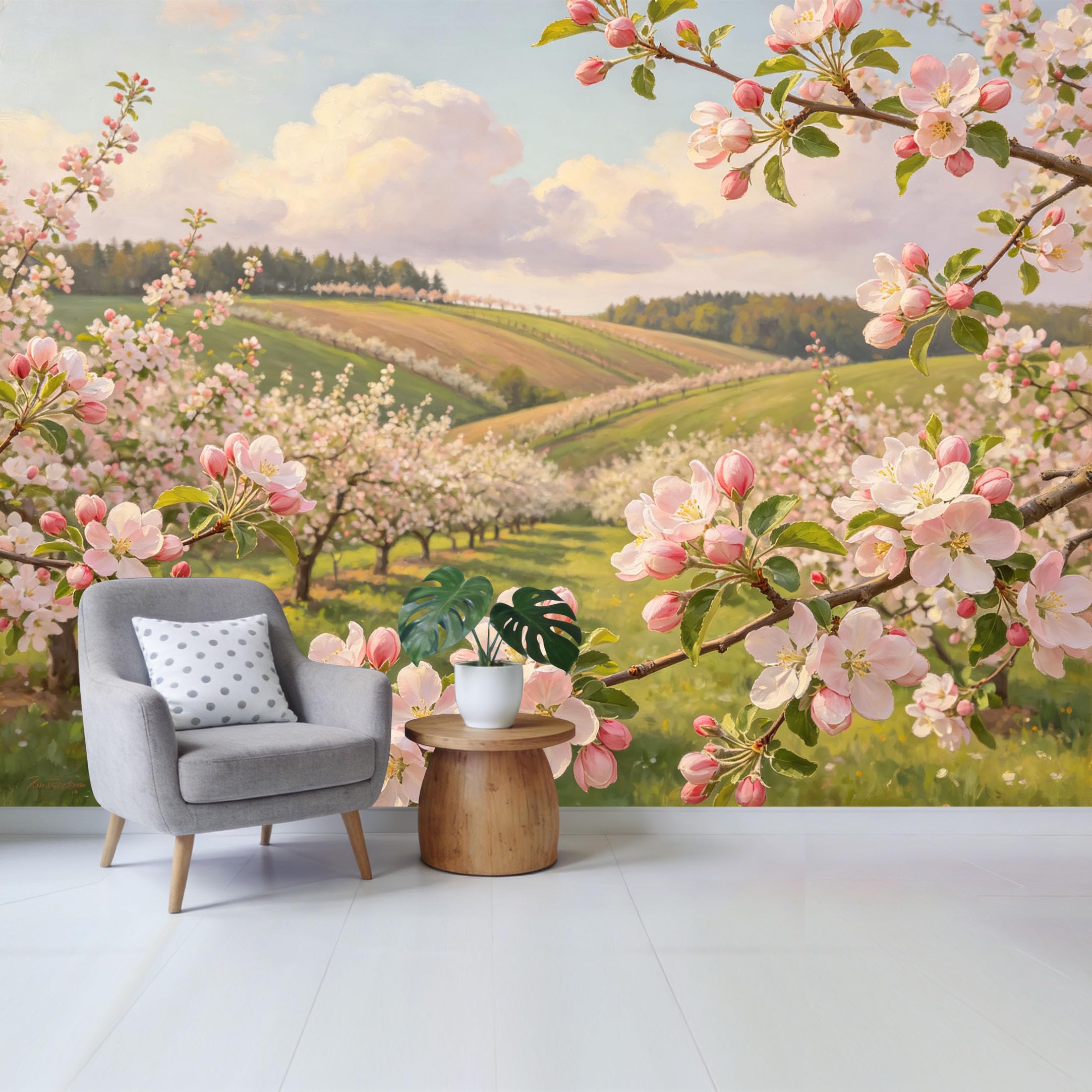 Qzlithotic Yq2605250666 Custom Size Wall Mural Blooming Apple Orchard Landscape Spring Blossom Oil Painting Selfadhesive Wall Fabric Removable Wallpaper For Home Office Decor