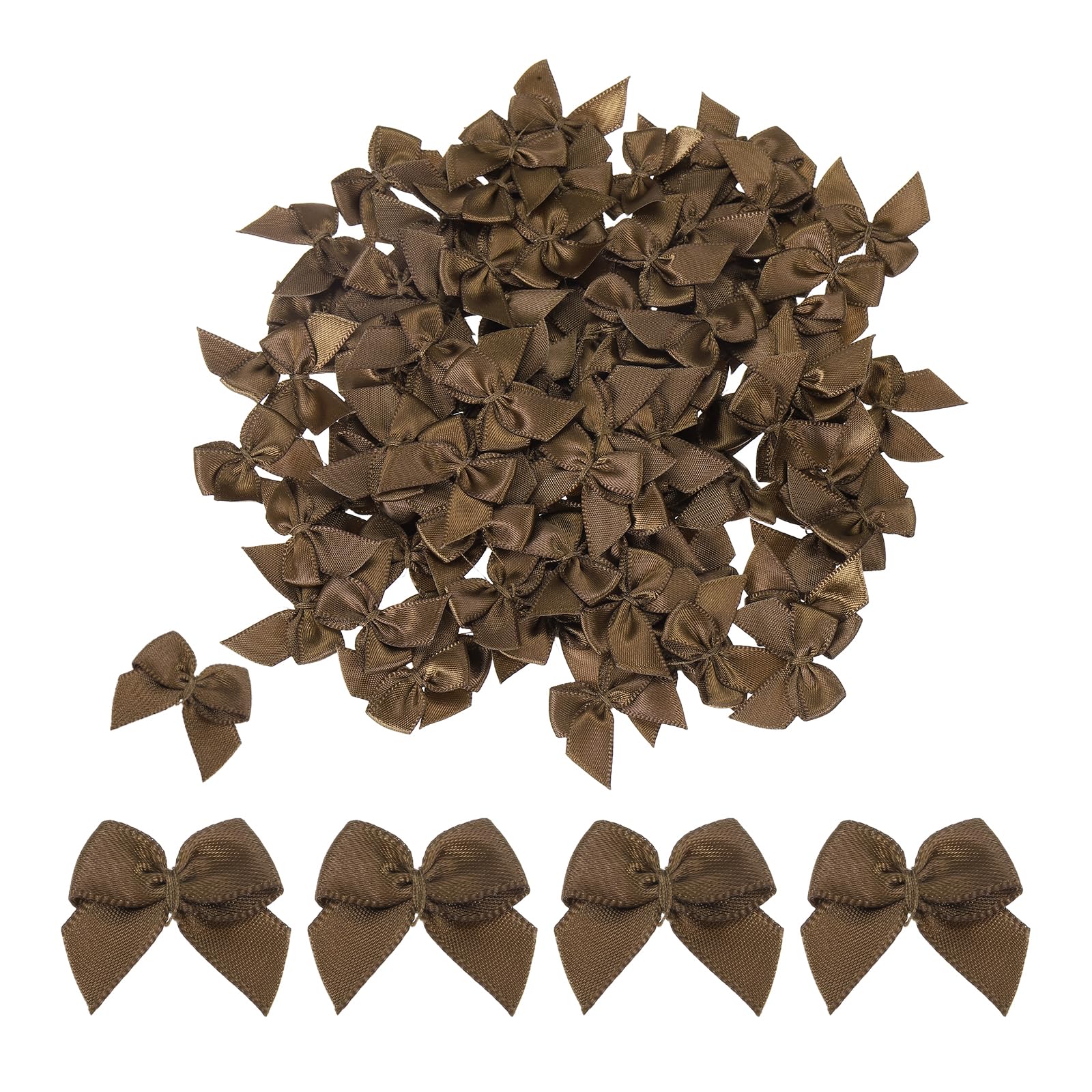 sourcing map 100 Pcs Mini Ribbon Bow 1" Mini Fabric Satin Ribbon Flower Bows for Craft DIY Sewing Wedding Birthday Party Gift Wrap Bows Brown
