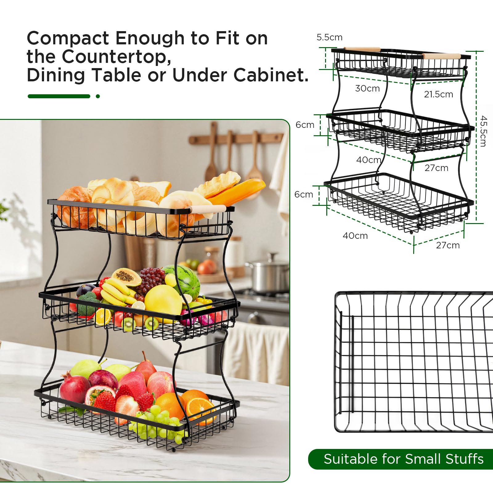VINATO Frutero de 3 Niveles de Metal – Organizador Moderno con Asas de Madera, para Cocina, Baño & Más – Ideal para Frutas, Verduras & Almacenamiento, Negro