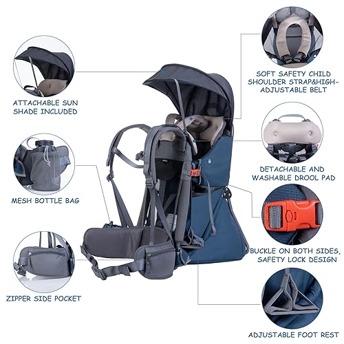 Miniatura 5 de Wipha Mochila transportadora para bebé, mochila de senderismo para niños pequeños con dosel, mochila transportadora de bebé ajustable y segura