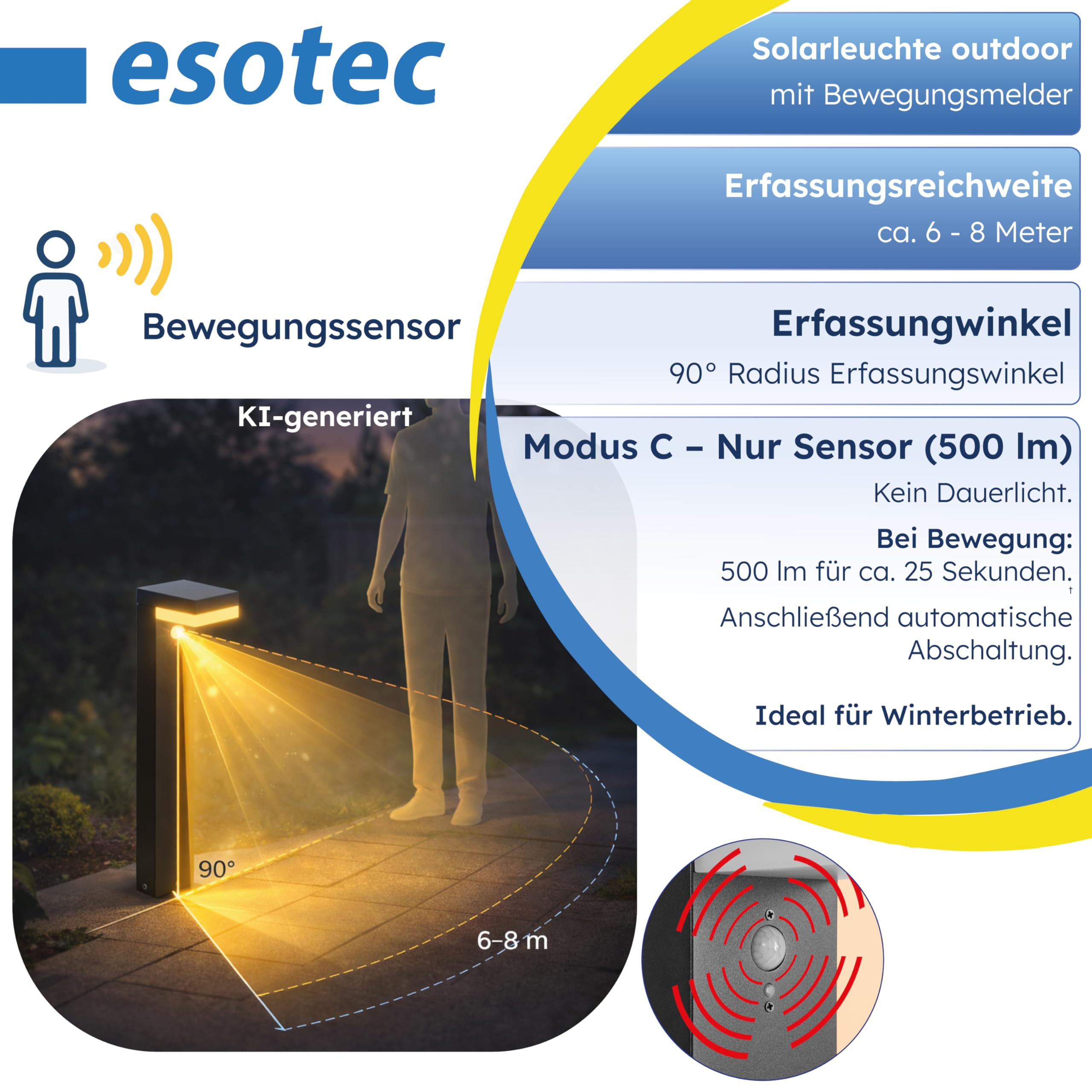 esotec Solar Wegeleuchte mit Bewegungsmelder Nala, H=70cm Außenleuchte, warmweiß 3000K, wechselbarer LiFePO4 Akku 102932