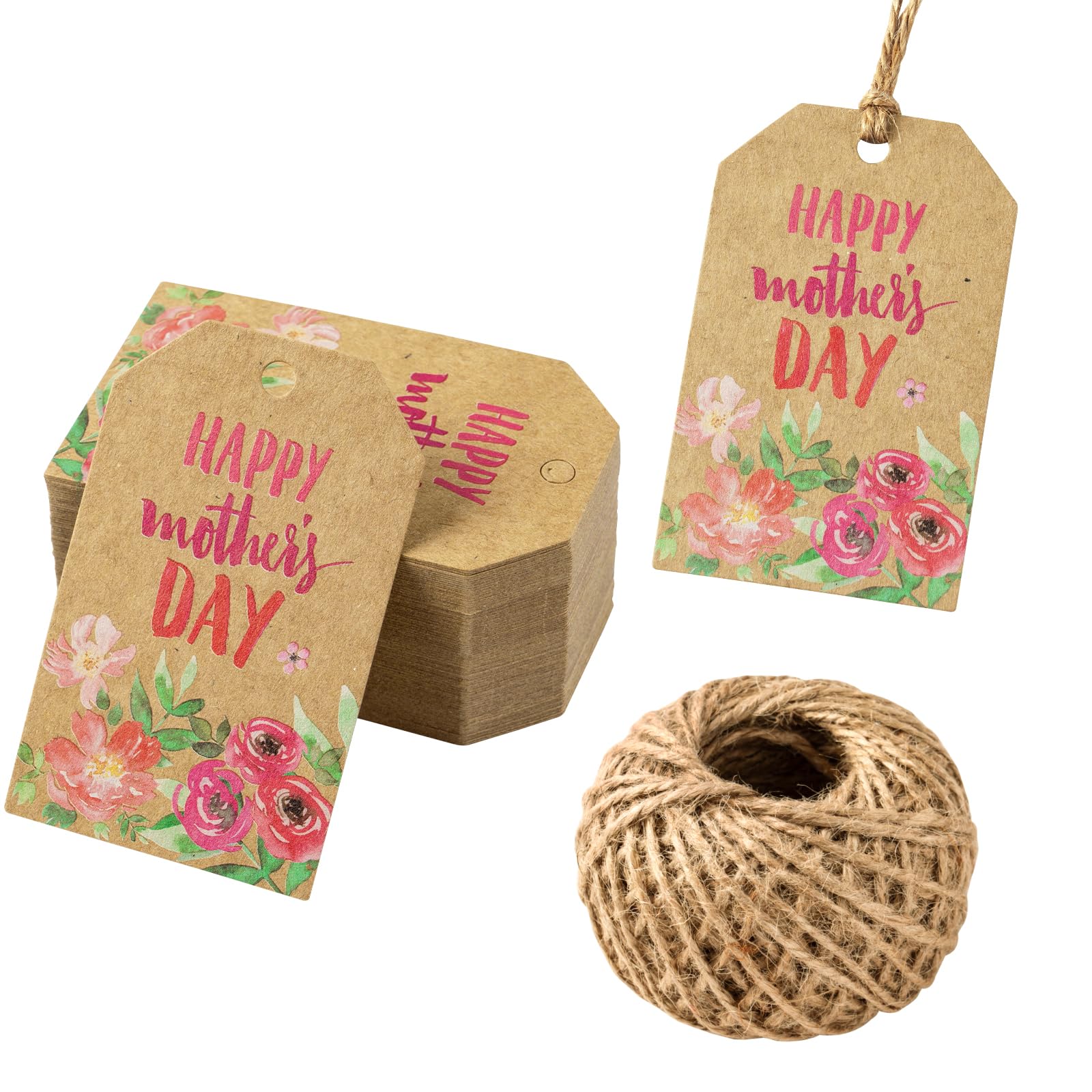Photo 1 of RUSPEPA Mother's Day Gift Tags with String, 100Pcs Watercolor Floral Happy Mother's Day Kraft Tags with 100Feet Natural Jute Twine for Women, Mom Gifts, Bouquets & Holiday Presents, 1.9 x 3.1 Inch