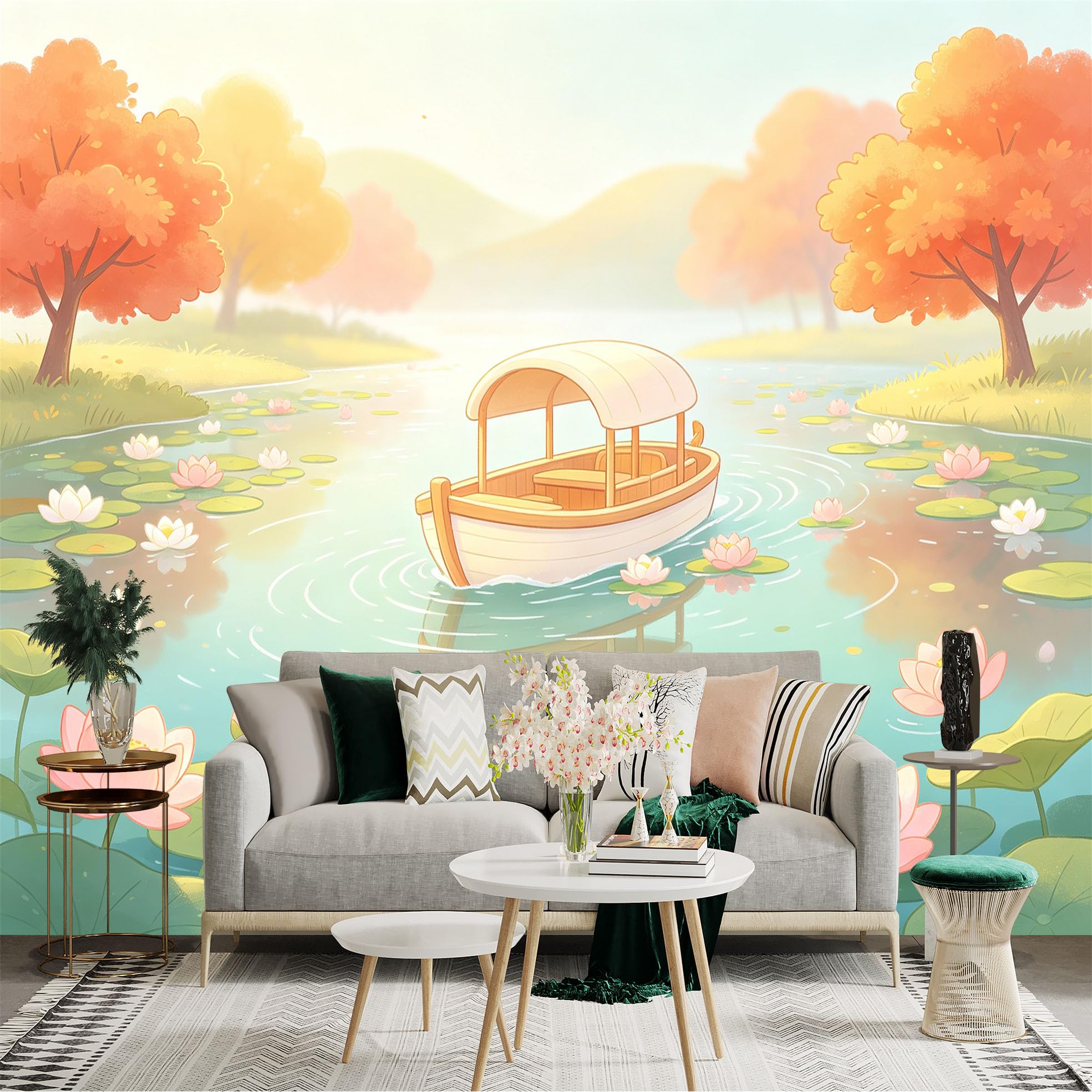 Custom Size Wall Sticker Mural， Wooden Boat on Pond with Blooming Lotus Flowers， Peaceful Autumn Landscape， for wall Decoration， peelandstick wall Decals.