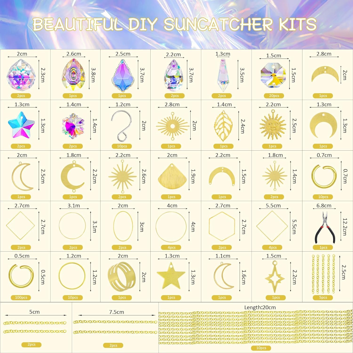 H&D HYALINE & DORA 215pcs DIY Crystal Suncatcher Kits for Adults Art Crafts Set including Rainbow Maker Prisms Pendant Sun Catchers Hanging Decor for Window Garden Wedding Gold - Image 2