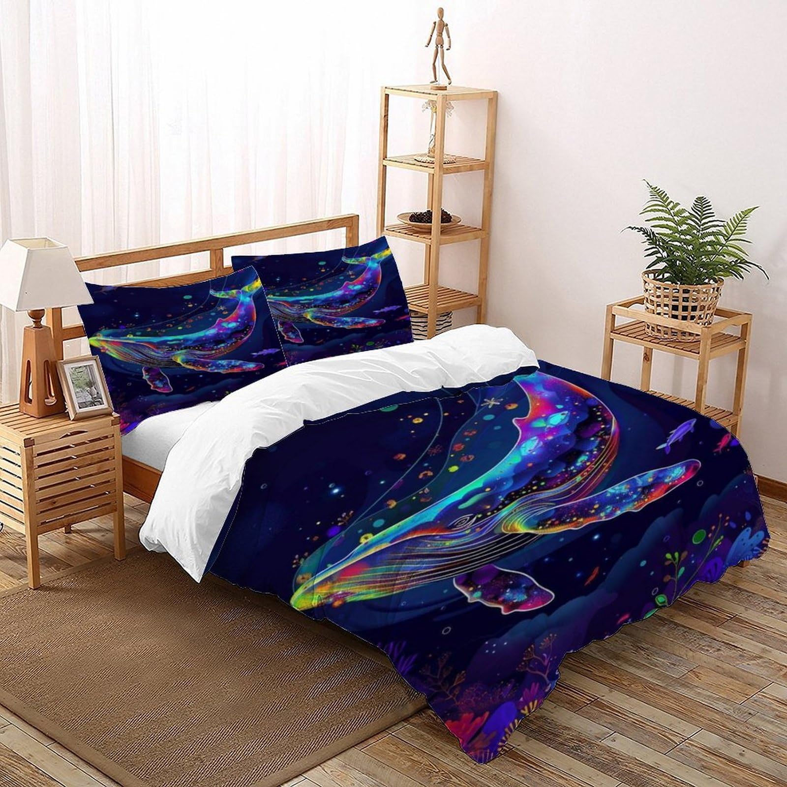 Housse de couette baleine 200x200 cm avec 2 taies d'oreiller lit double