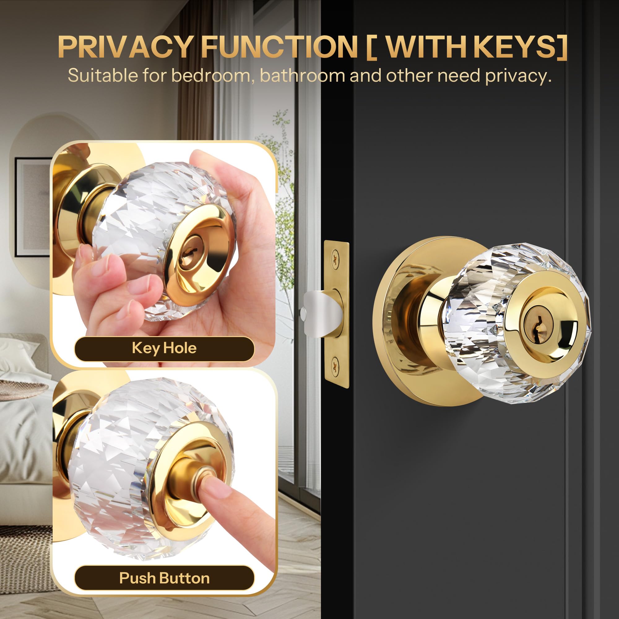 Crystal Door Knobs with Lock - Elegant Gold Design -4
