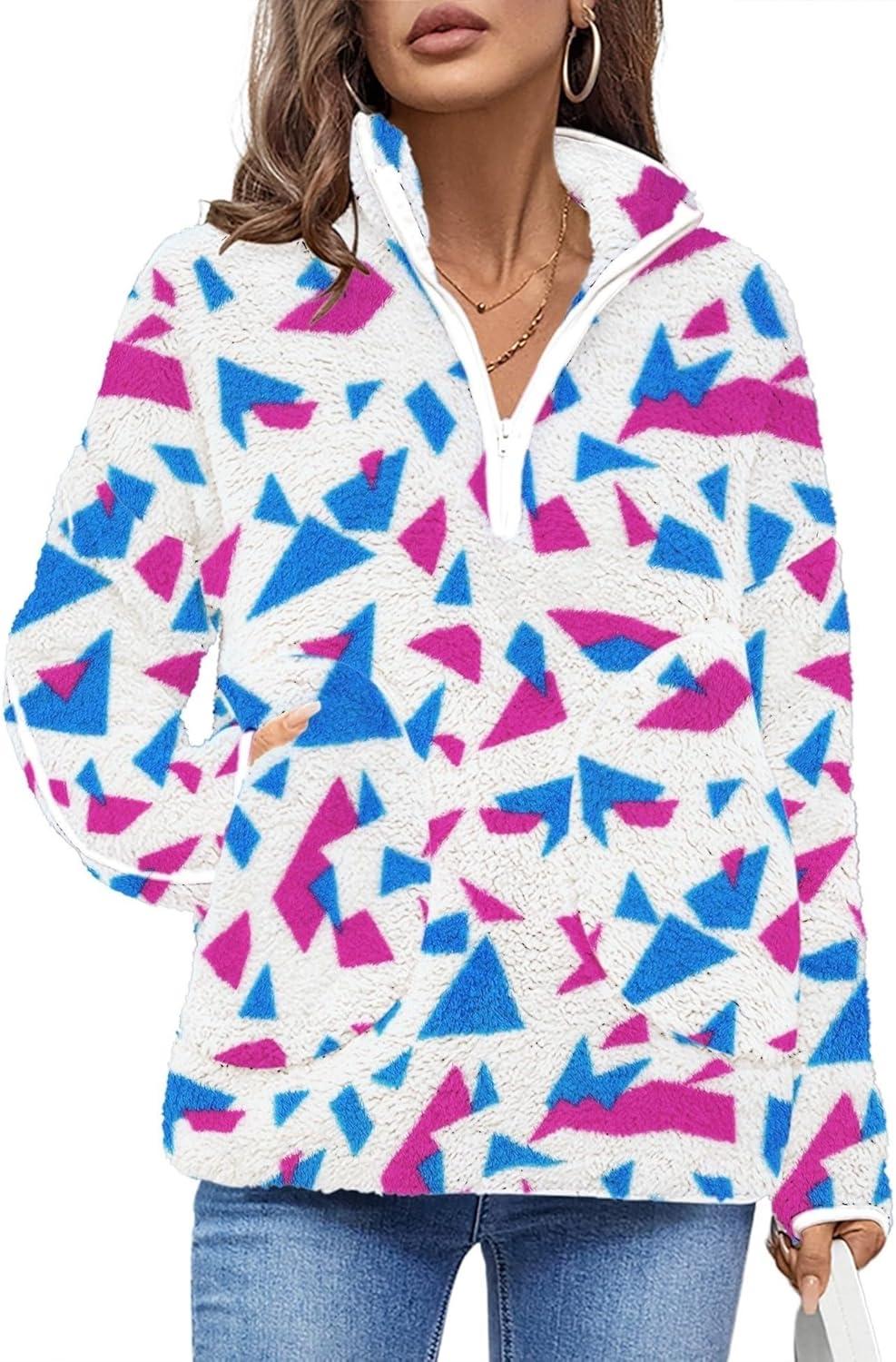 LOMON Womens Fuzzy Fleece Half-Zip Pullover Sweatshirt with Pockets Fall Lapel Long Sleeve Casual Outerwear - Image 2