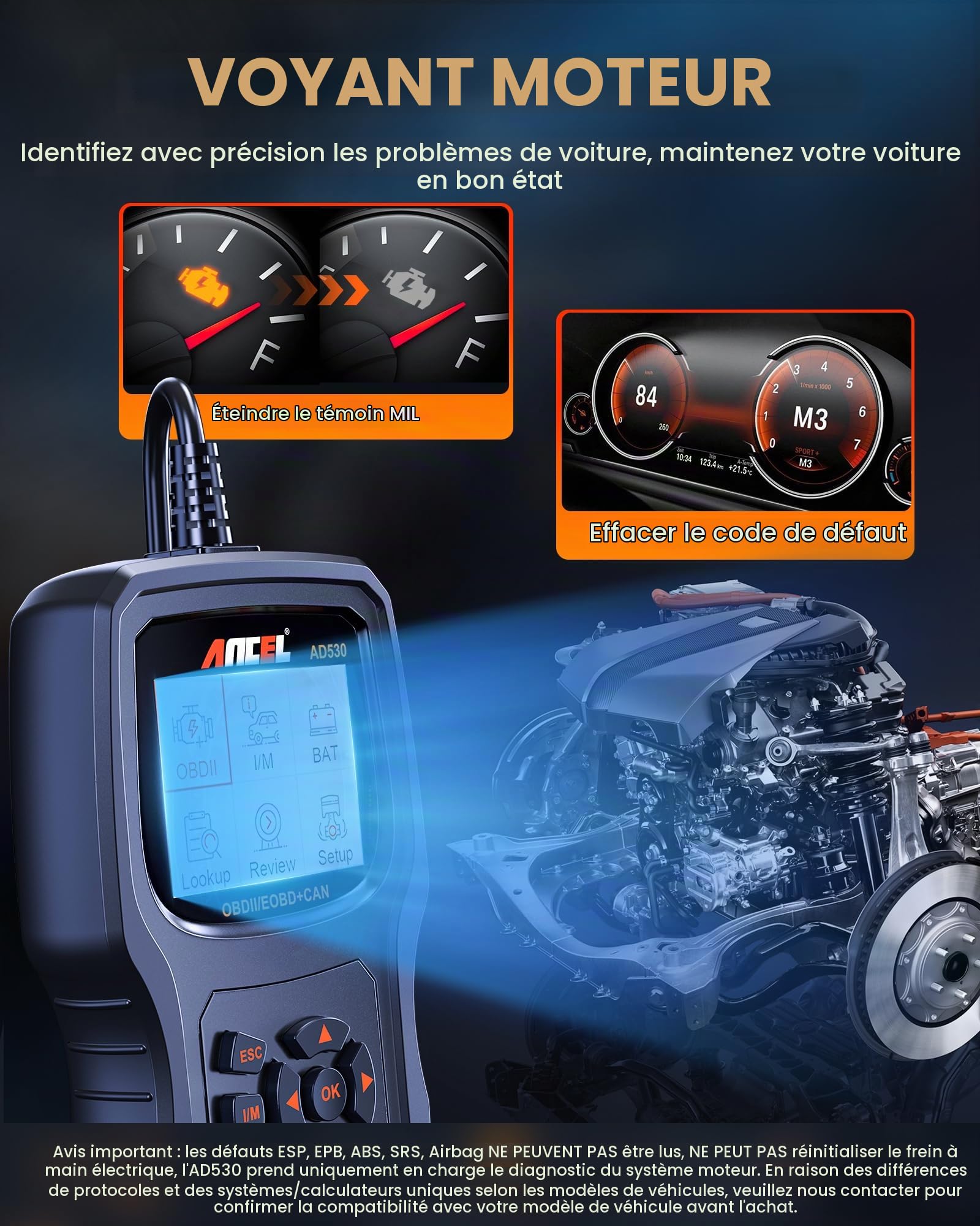 ANCEL AD530 Lecteur de Code OBD2 l'Outil d'Analyse Vérifier Le Voyant Moteur de Voiture Capteur O2 Scanner de systèmes EVAP avec Fonctions OBD2 Complètes et Amélioré Graphique État de la Batterie