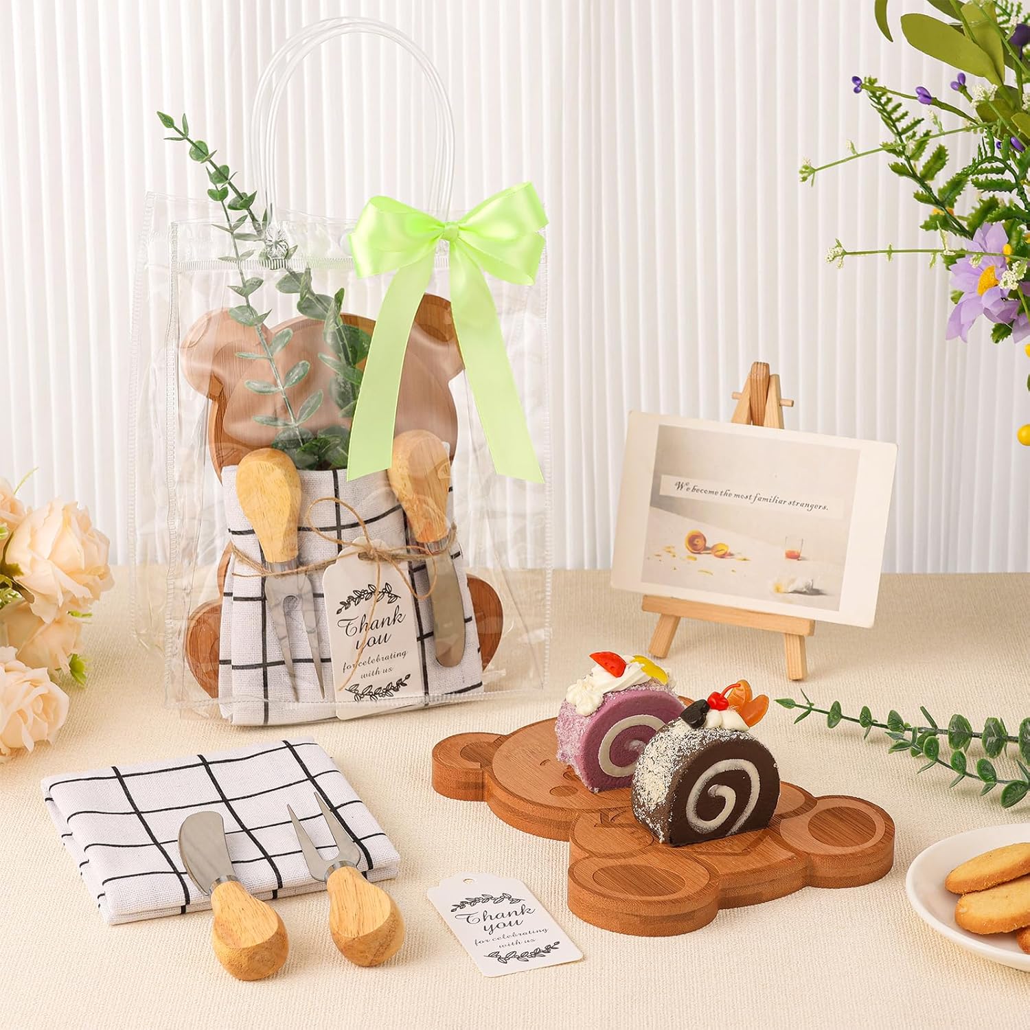 6 Sets Baby Shower Prizes for Game Winners 44 Pcs Bamboo Cheese Board Knife Fork Tablecloth Artificial Eucalyptus Stems with Cards and Gift Bags for Guests Baby Shower Bridal Birthday Party(Bear)