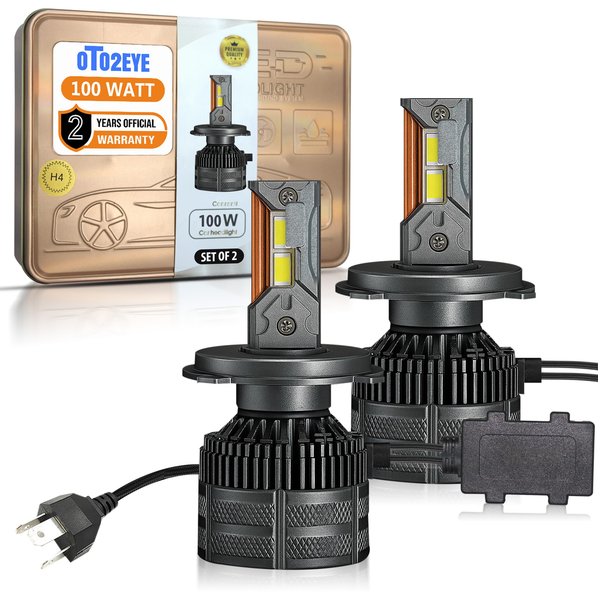 OTO2EYE H4 LED Headlight Bulbs, 100W, 10000 Lumens, Super Bright Headlight, 6500K, LED Headlight Auto Conversion Kit for Car, Set of 2, (2 Years Warranty)