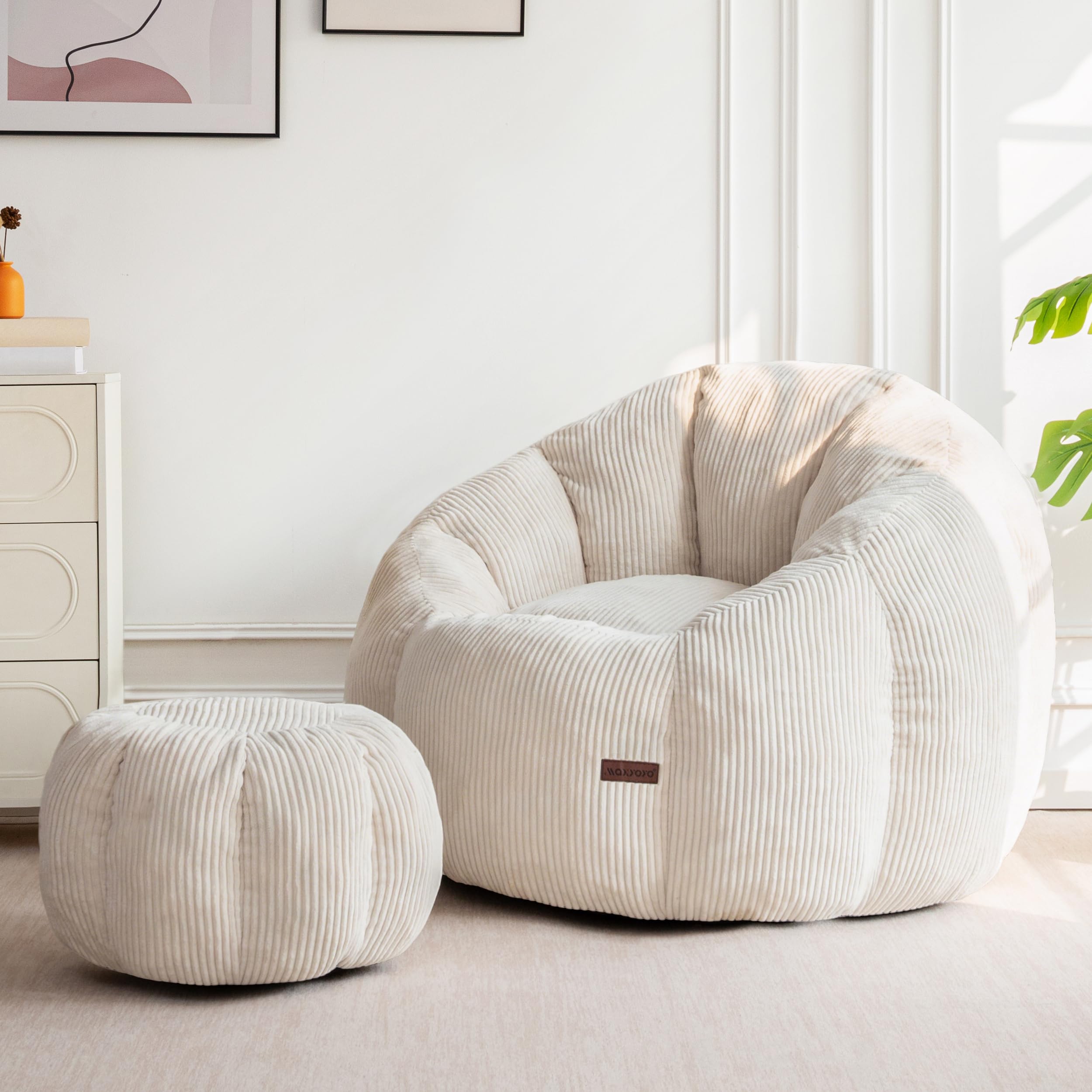 MAXYOYO Bean Bag Chair with Ottoman, Giant Pumpkin Lounge Chair for Adults