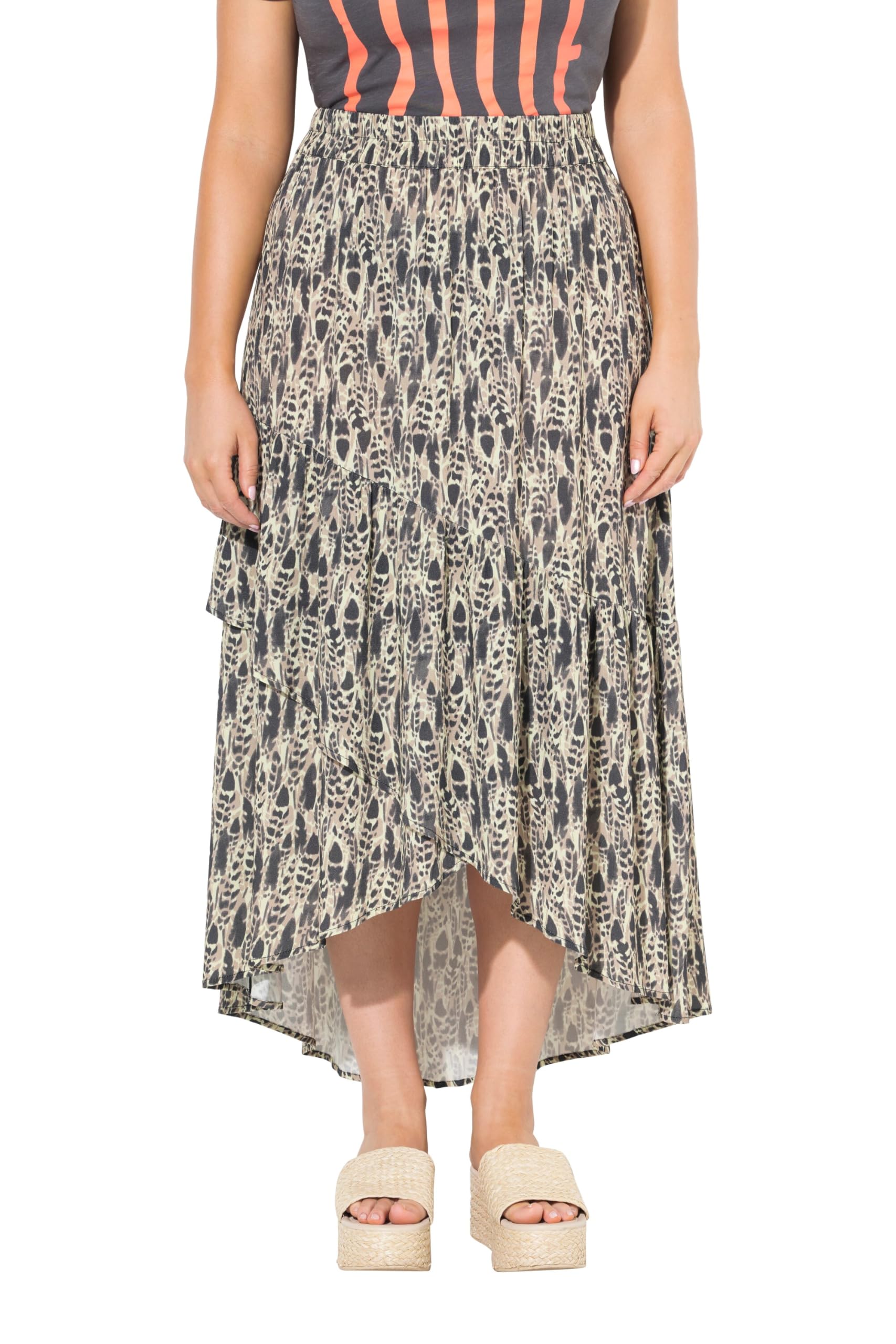 Ulla Popken Damen große Größen Übergrößen Plus Size Maxirock, Bedruckt, A-Linie, Ziernähte, Elastikbund 838101