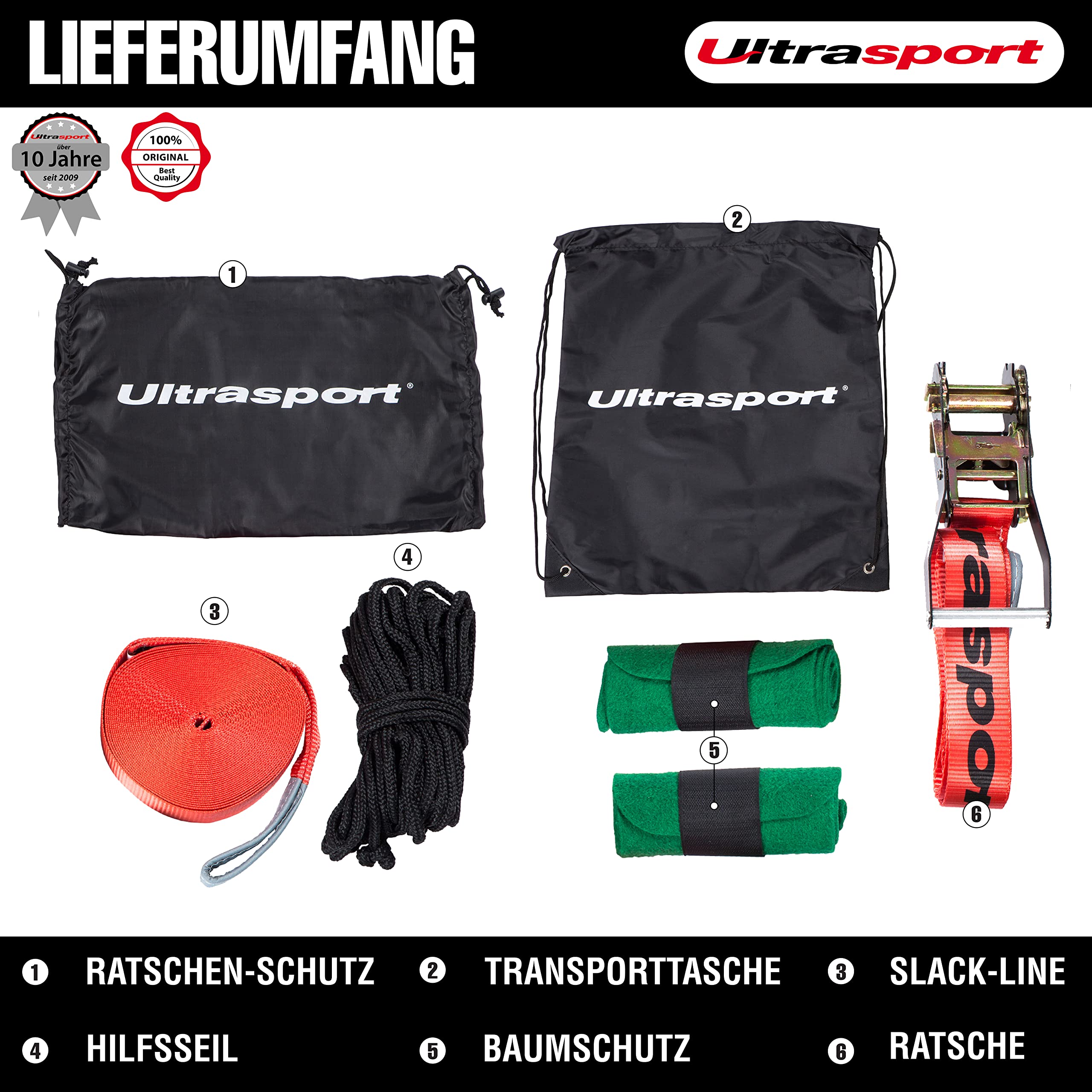 Ultrasport Slackline 15m-25m, mit Ratsche und Transporttasch, komplette Slackline-Satz, erhältlich mit und ohne Baumschutz, Slackline-Satz, Fitness-Slackline, TÜV GS zertifiziert, Kinder und Erwachse