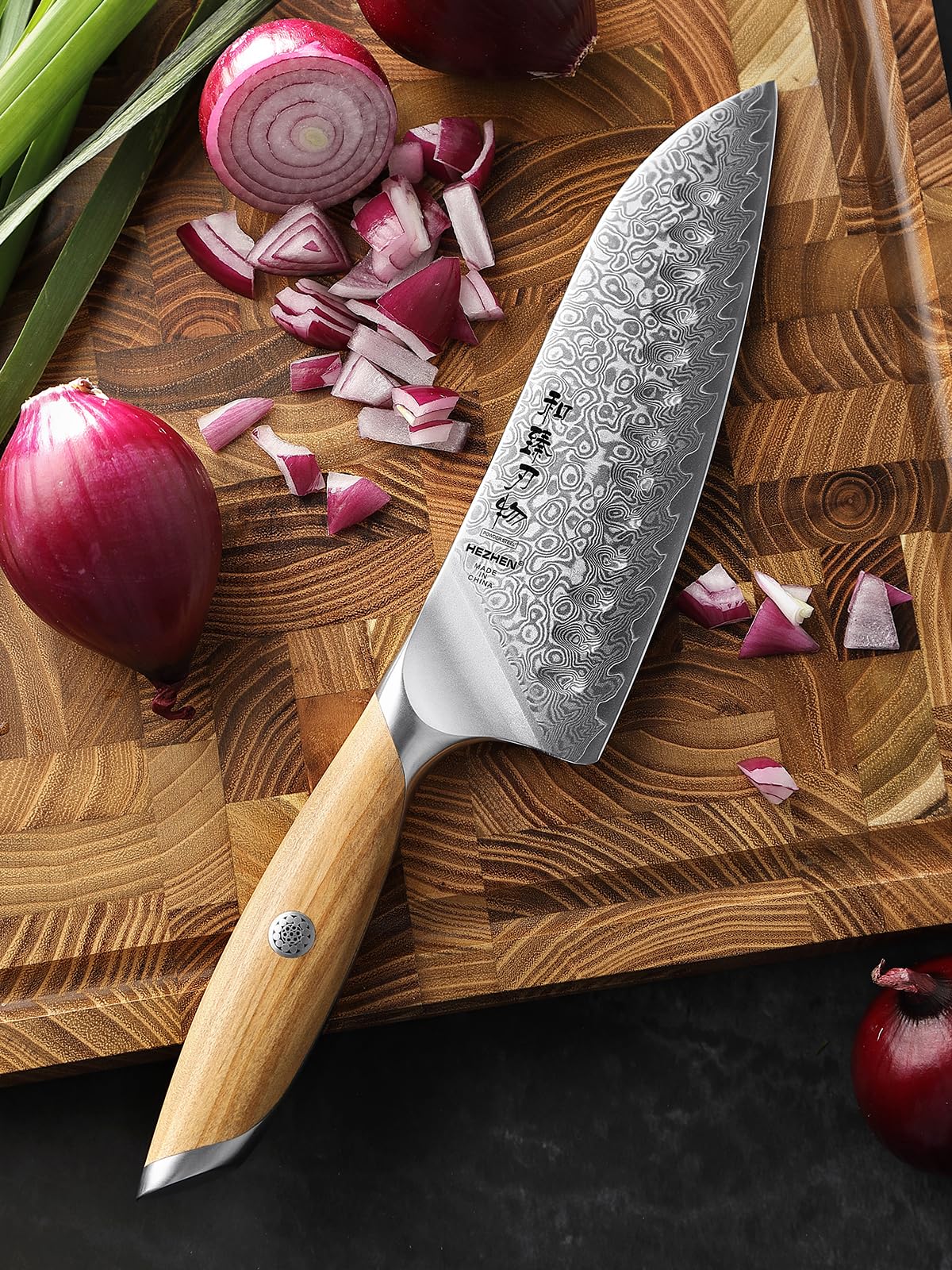 HEZHEN Couteau de Santoku Damas, Style Japonais en Acier Damas 73 Couches, Cuchillo de Damasco Manche Ergonomique en Bois D'olivier