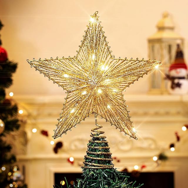Roylvan Star Tree Topper, Glitter Christmas Star Tree Top Light, Battery Powered Decorative Treetop Light Xmas Tradition Tree Ornament for Home Decor, 9.8 x 11.8 inch, Gold
