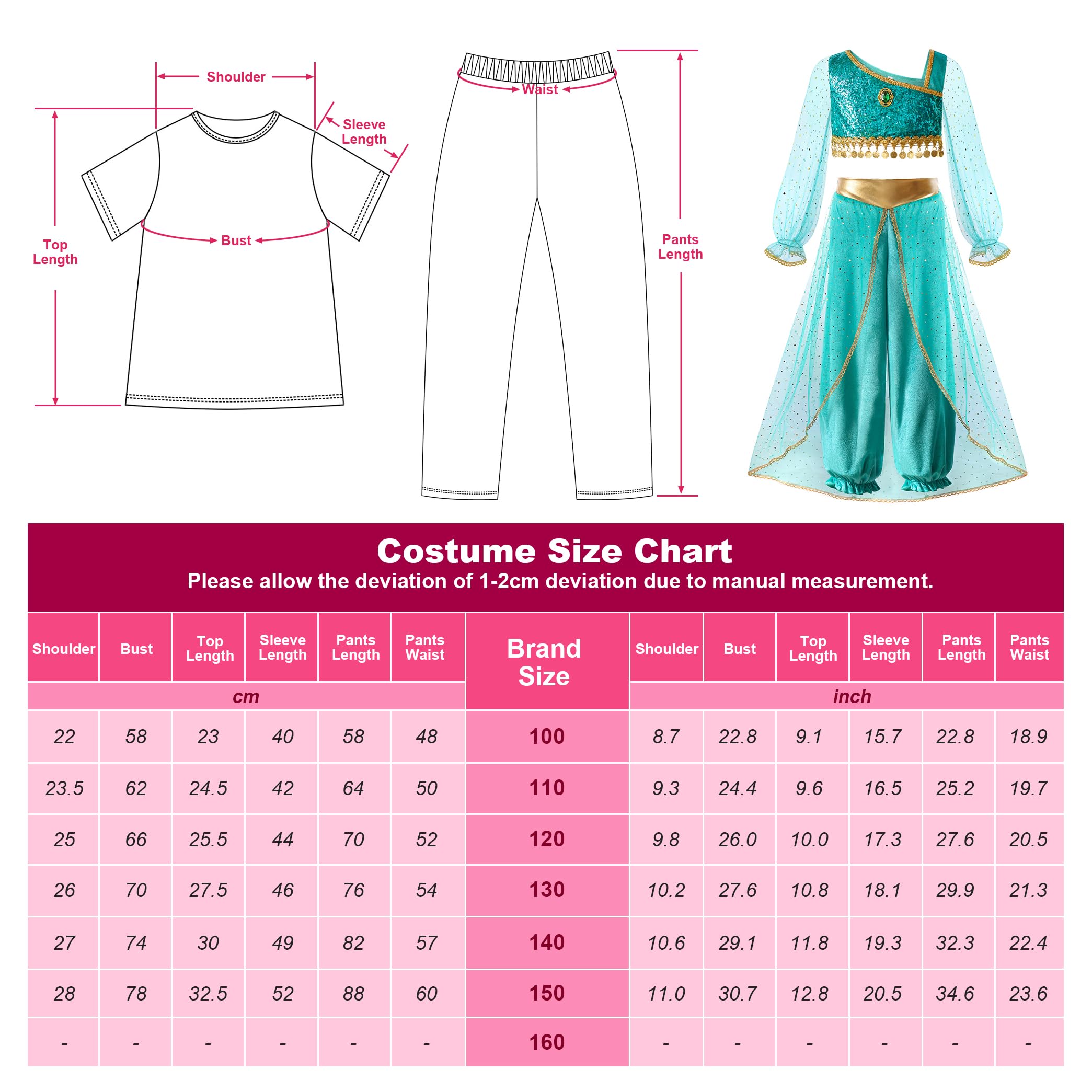 ReliBeauty Costume da Principessa Bambina Vestito Arabo Maniche Lunghe con Corona e Collana Compleanno Carnevale